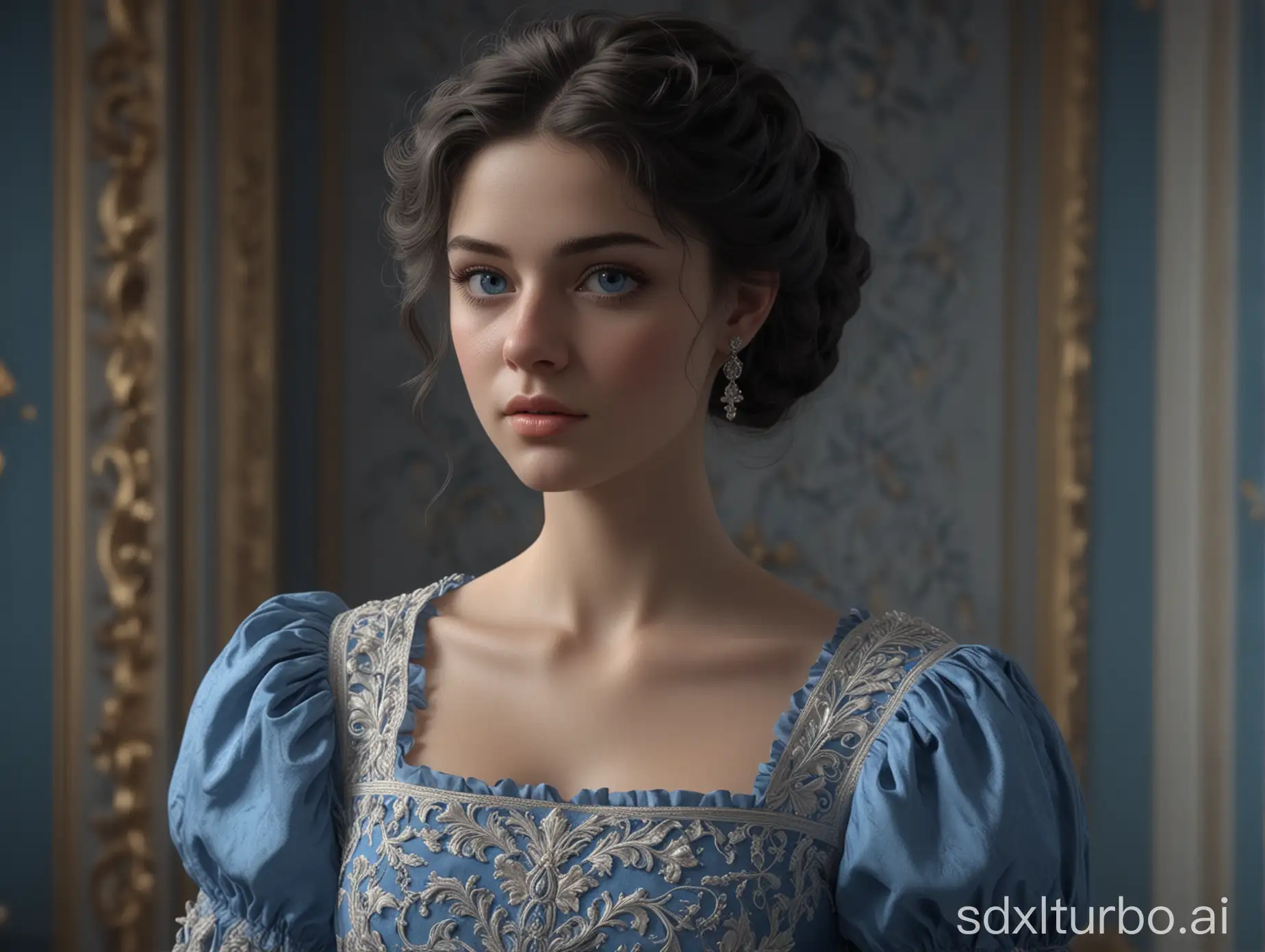 Beautiful young woman of  23 with dark hair styled in a hairstyle, ((bright blue eyes)), tanned skin with a slight blush, homemade  ((pale dress in Louis XIV era)) style, perfect composition, beautiful detailed intricate insanely detailed octane render trending on artstation, 8 k, photorealistic concept art, soft natural volumetric cinematic perfect light, chiaroscuro,  masterpiece, greg rutkowski