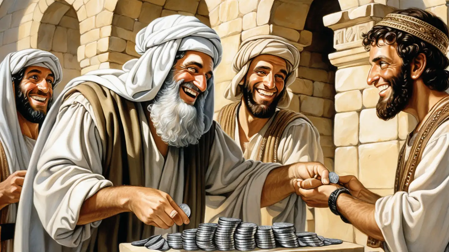 epoque biblique, un riche banquier souriant prête une pille de pièces d'argent à un hébreu qui a un foulard sur la tête