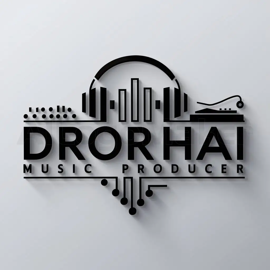 a logo design,with the text "Dror Hai Music Producer", main symbol:Audio MixernHeadophonesnsynthesizern,complex,be used in music production industry,clear background