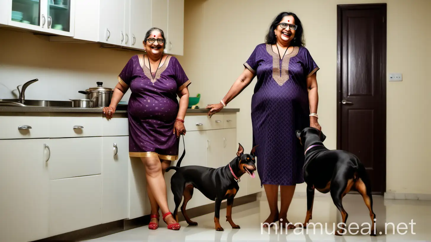  beautiful mature indian  mom over 40 year  fat  body , wearing high heels on foot and wearing spectacles  ,wearing mangalsutra and sindur on forehead. she is wearing a nighty.
 .

she is  with her dober man dog standing. she is in kitchen.
she is smiling and laughing .

she has plus sized model body.
