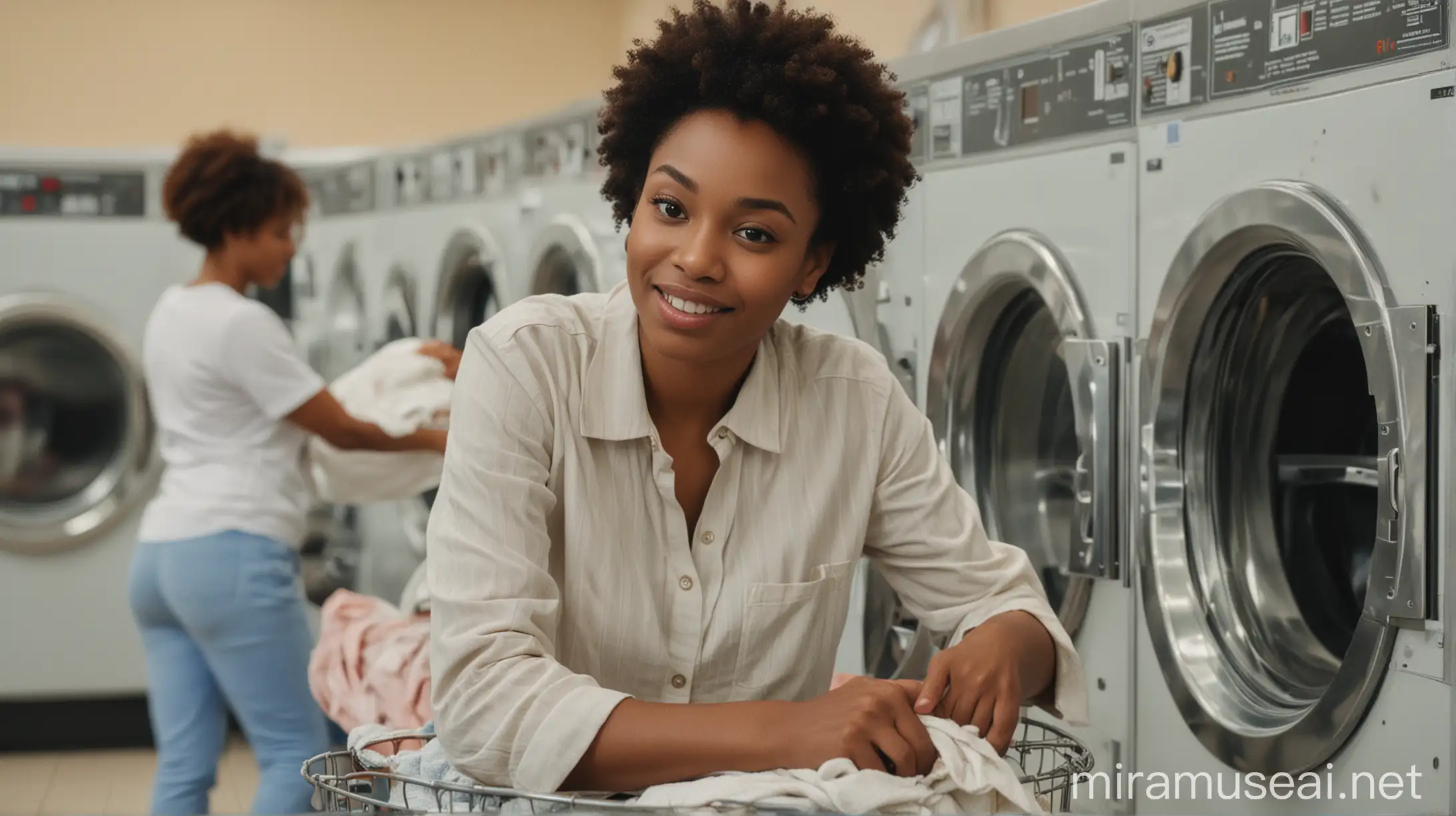 african american woman doing laundry in a laundromat