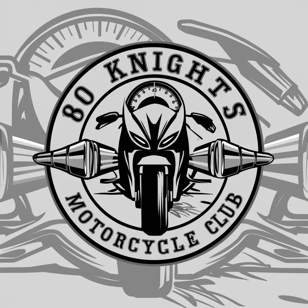 a logo design,with the text "80 knights", main symbol:motorcycle, speedometer, spark plugs,complex,clear background