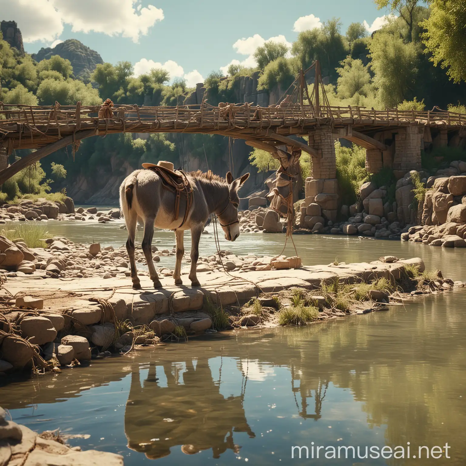 burro bebiendo en el rio al lado de un puente, Amarrado con una cuerda por el dueño. Hombre mayor con sombrero, día de sol, modo pixar
