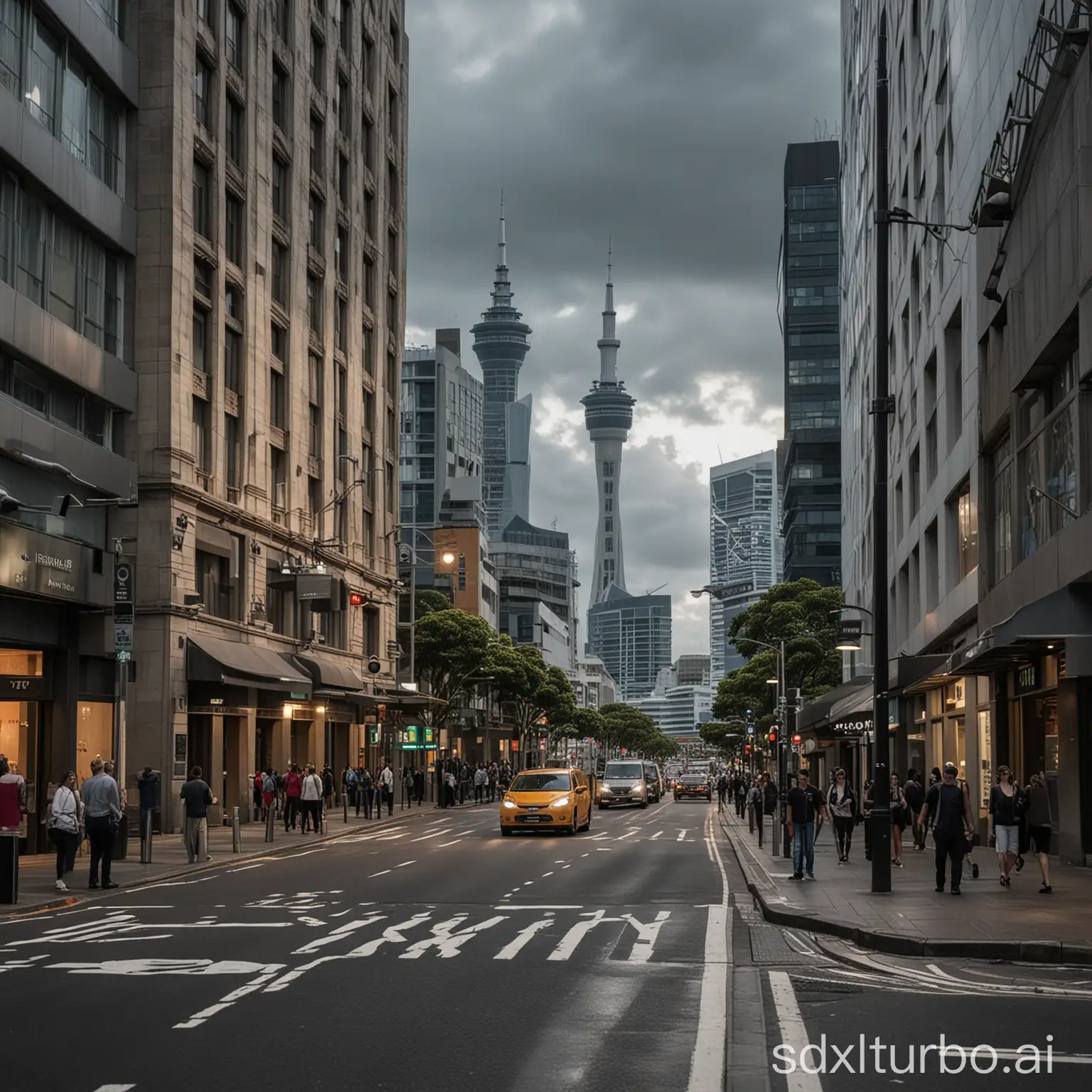scene in Auckland CBD with buildings and skytower captured with a Canon EOS 90D camera using a 35-70mm lens on a 50.6 megapixel sensor. The lighting is cinematic, ultra realistic with dusk lighting filtering through the clouds and casting long shadows across the busy streets. The scene is rendered in 16k resolution, showcasing the extreme detail of the architecture, foliage, and people. A hyperrealistic scene with maximum resolution.