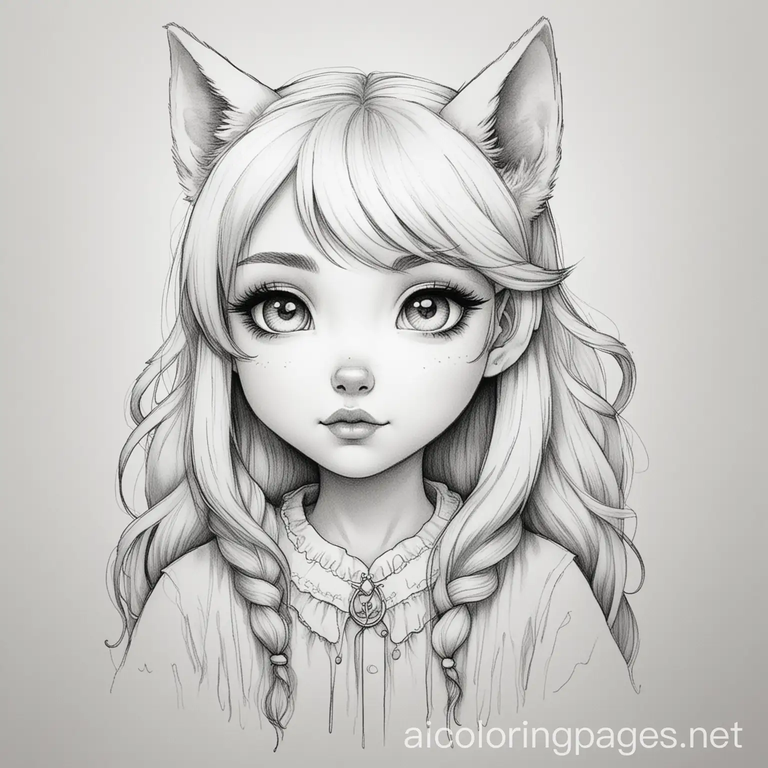 little wolf girl, Coloring Page, black and white, line art, white background, Simplicity, Ample White Space