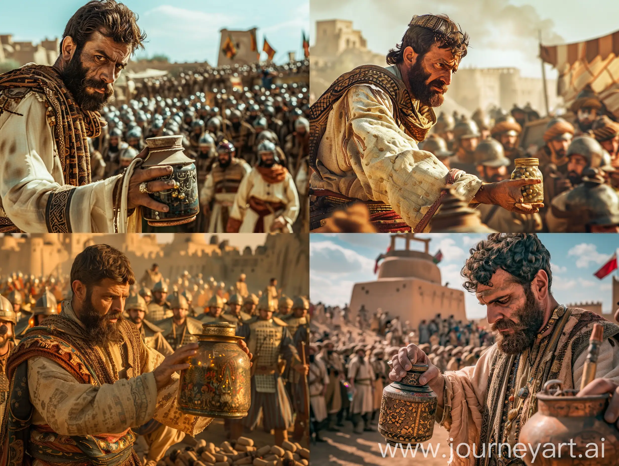 A 30-year-old Persian man in traditional Persian dress and a brown beard, with a jar of explosives in his hand, is slowly approaching from behind the army of Persian soldiers who are in traditional and ancient dress around the Bam Citadel in the Persian Empire. , create a real quality photo for me with fine details and midday sun lighting