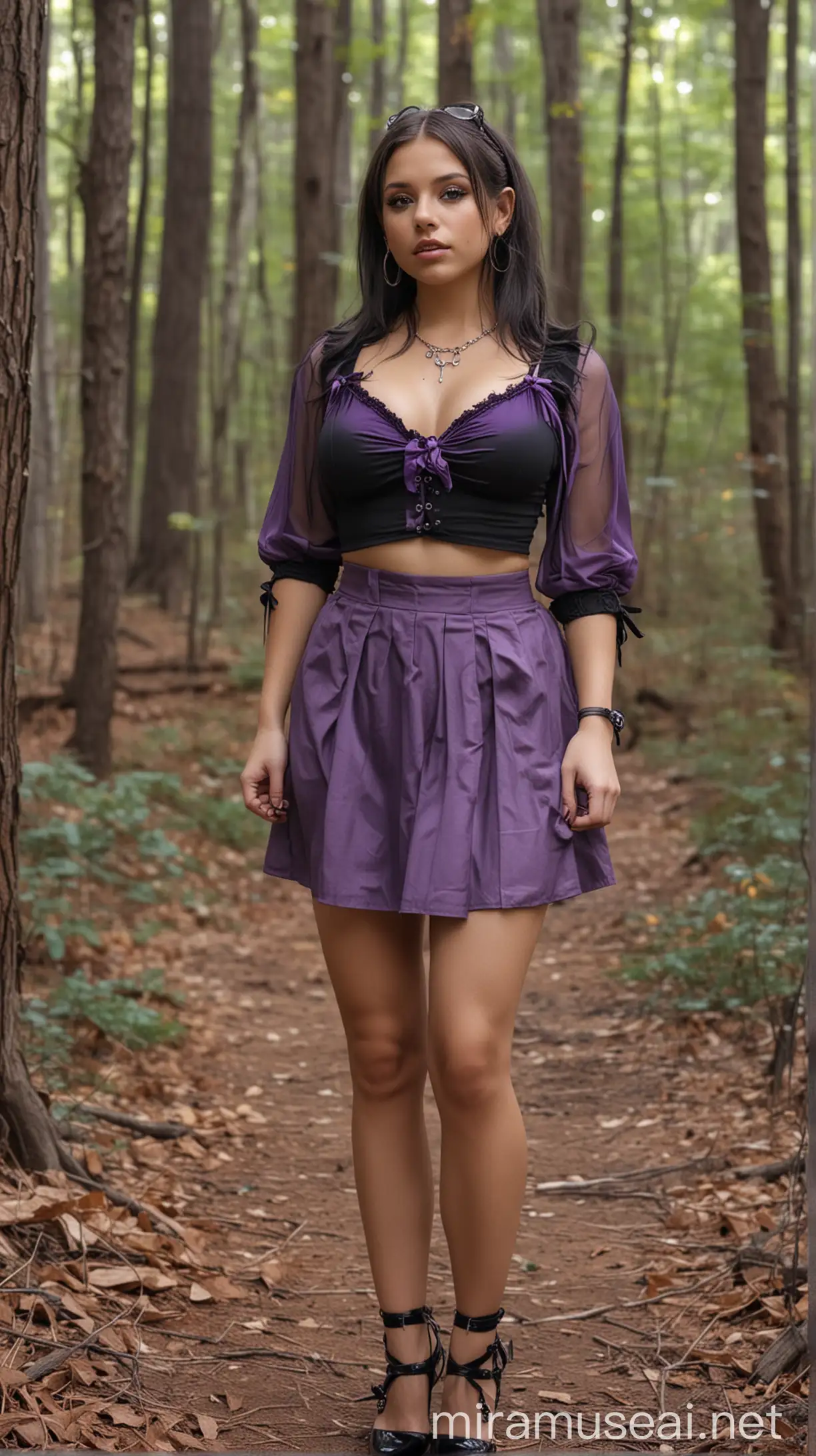 4k Ai art beautiful USA girl  hair ribbon nose ring ear tops nice heels purple mini skirt and transparent gray shirt and black bra and big round tits in usa forest wood work
