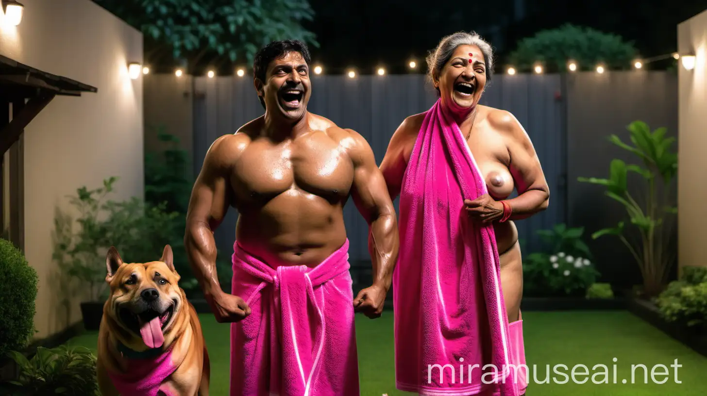 a 23 years indian muscular man is standing with a 49 years  indian mature fat woman   . both are wearing wet neon pink bath towel and standing  in a garden ,and are happy and laughing. and a  big dog is near them. they are in a big courtyard. its night time and lights are there. 
