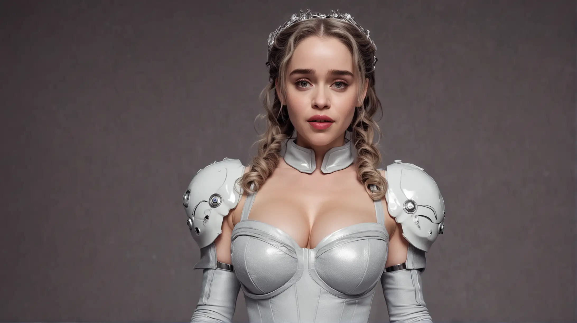 Emilia Clarke as space princess, perky figure, very big boobs, pigtails, sexy, seductive pose
