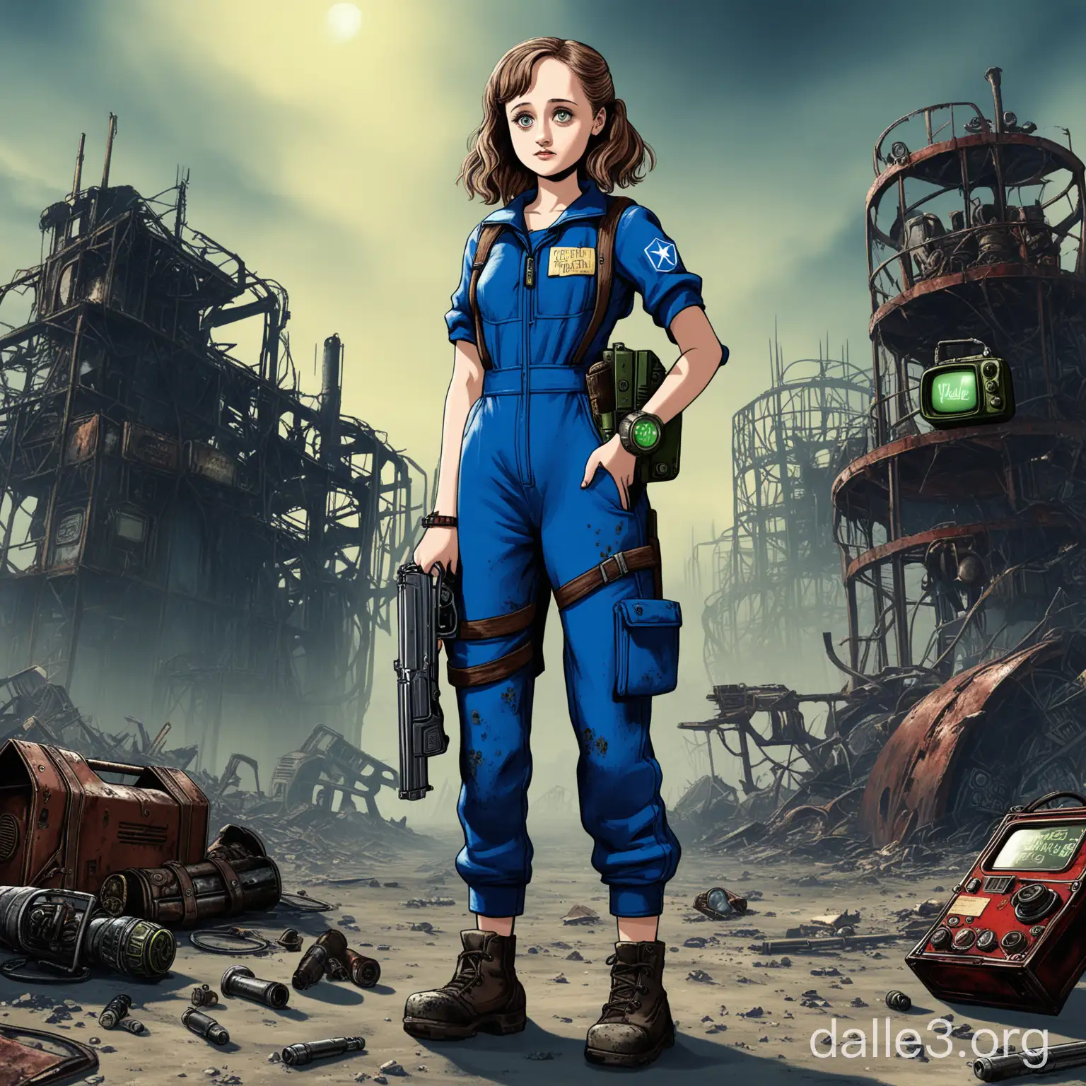 Depict Lucy played by Ella Purnell from Fallout tv series in her signature attire,blue vault 33 jump suit , bottom view, with her trusty gun and items commonly associated with the Fallout universe. Consider incorporating iconic Pip-Boy device on her wrist and post-apocalyptic wastelands setting. 