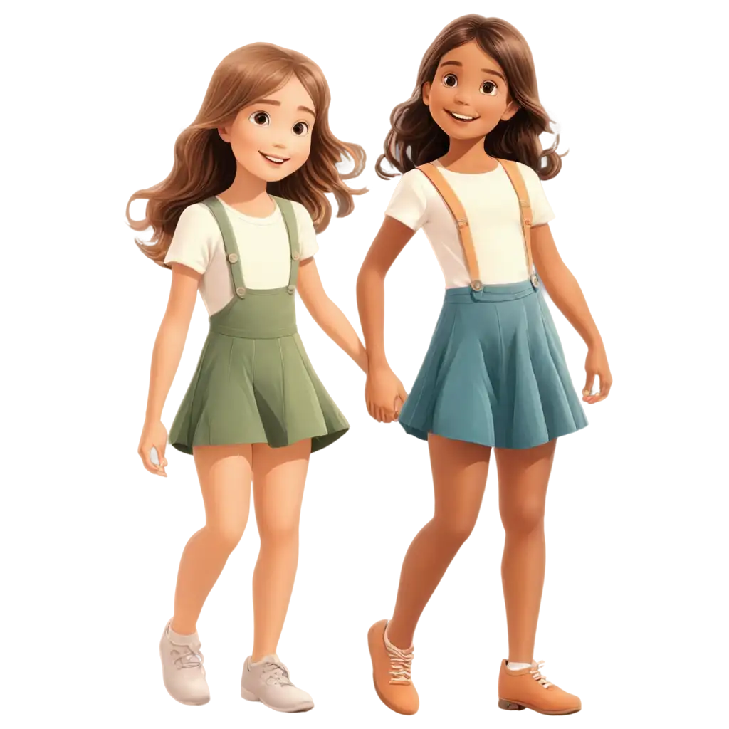 Two-Beautiful-Little-Girls-Happy-Cartoon-PNG-Delightful-Illustration-of-Joyful-Children
