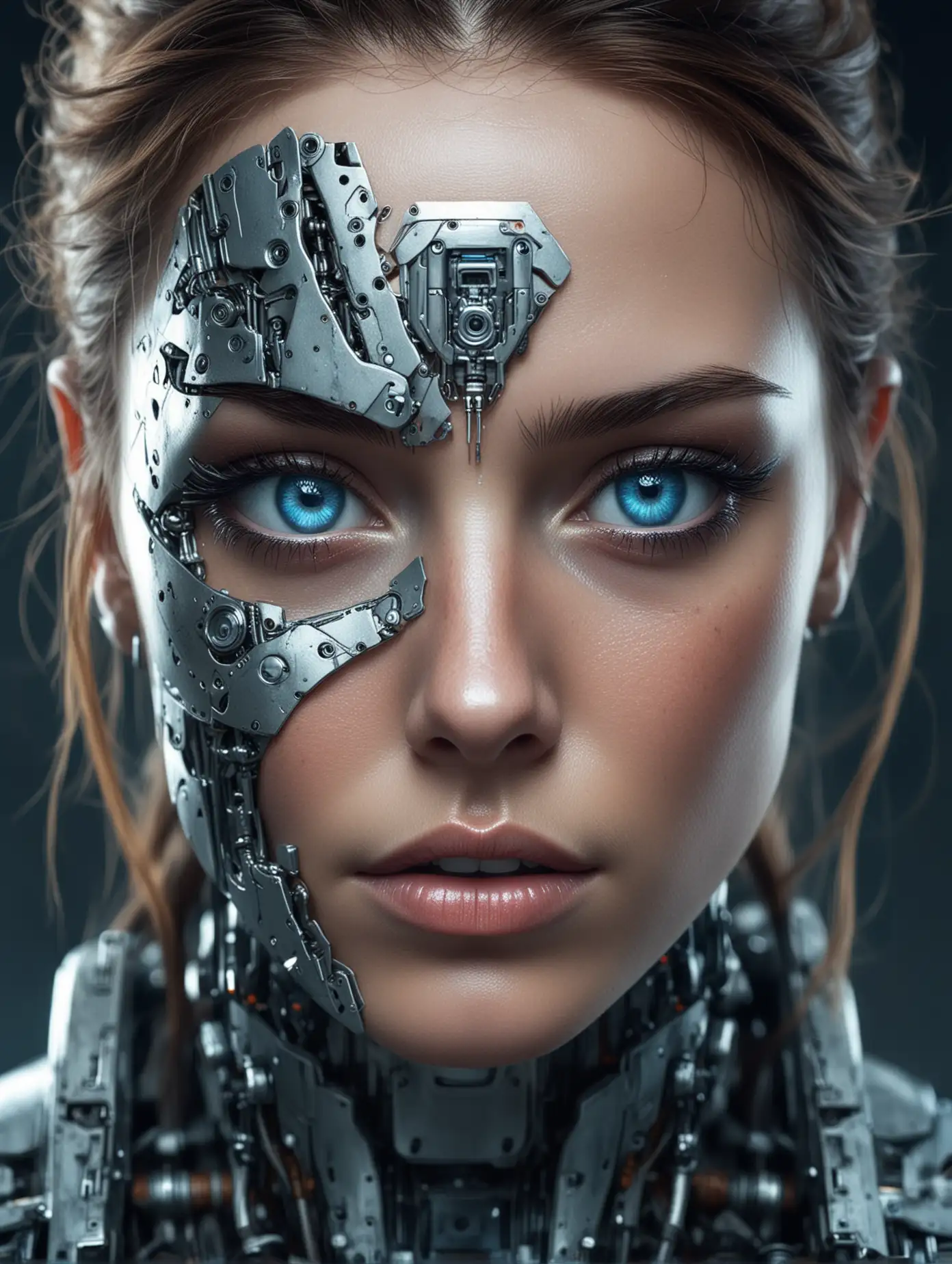 Futuristic Warrior Woman Fusion of Human and Machine in Mystical Ambiance
