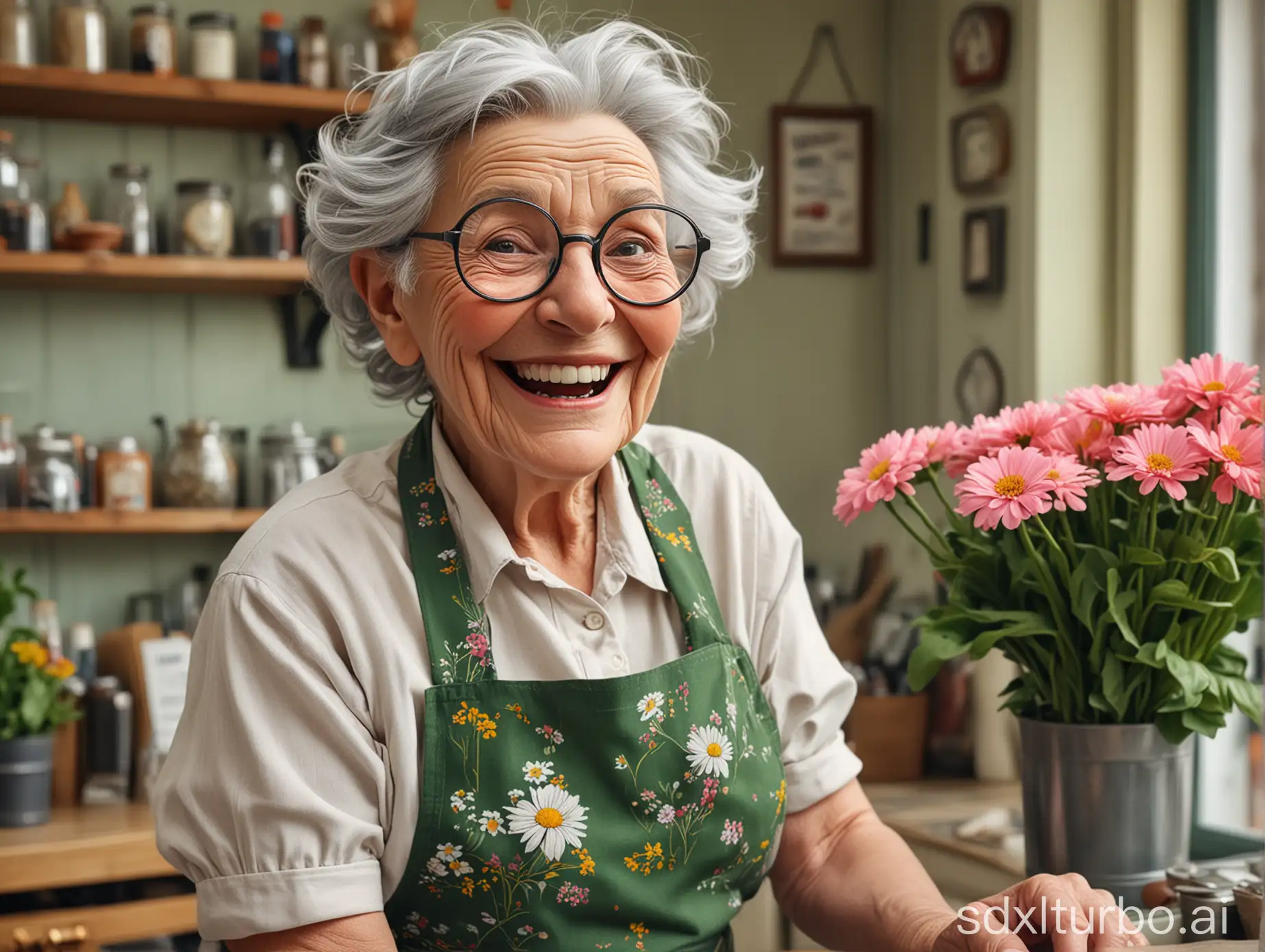 Whimsical cartoonishly realistic image of an old lady with wild grey hair that's sticking out in a umkempt state, many wrinkles, big round glasses, big grin. She is wearing an apron, standing behind a counter in a flower shop.
