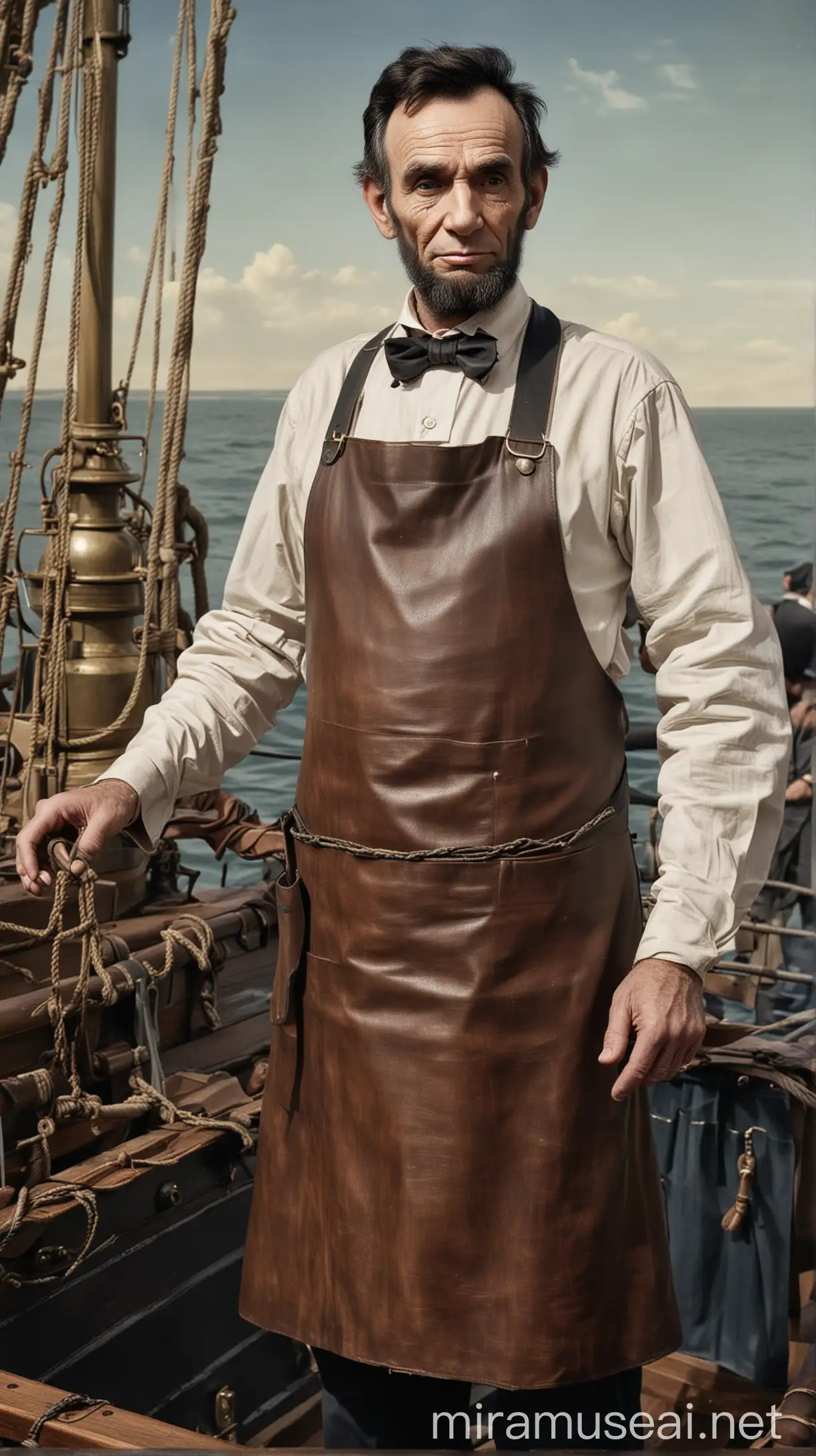 abraham lincoln wearing a leather apron on a warship holding the constitution. in color 