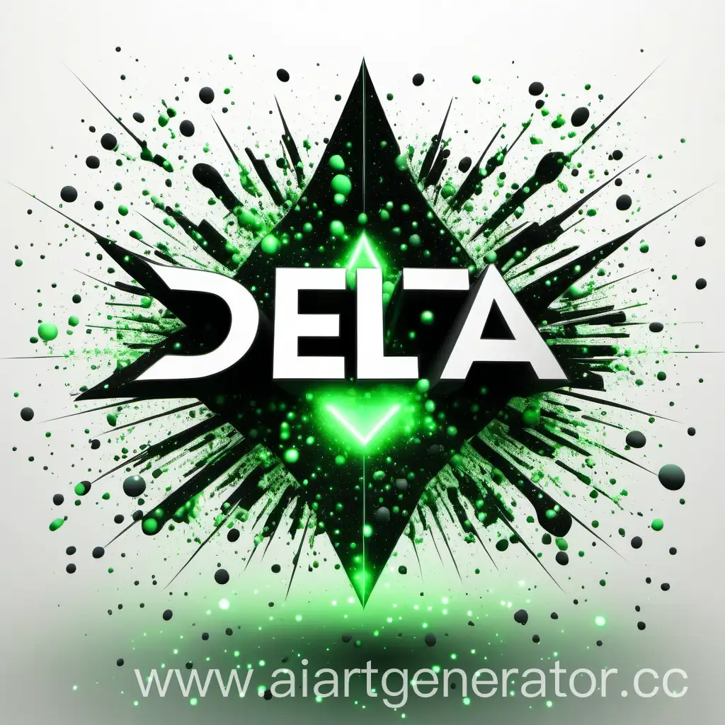 надпись Delta's RNG на белом фоне с частицами космоса, в стиле Хай Тек, зелёным и чёрным