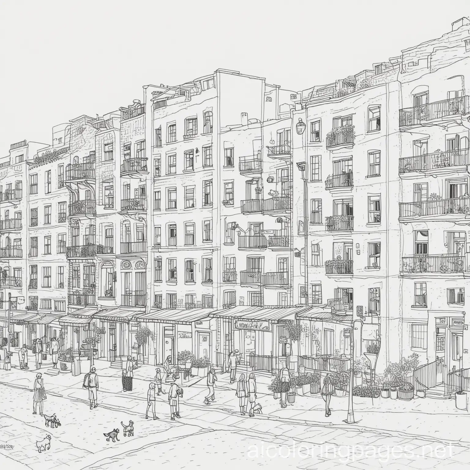 apartments and people and pets and buildings and street, Coloring Page, black and white, line art, white background, Simplicity, Ample White Space. The background of the coloring page is plain white to make it easy for young children to color within the lines. The outlines of all the subjects are easy to distinguish, making it simple for kids to color without too much difficulty