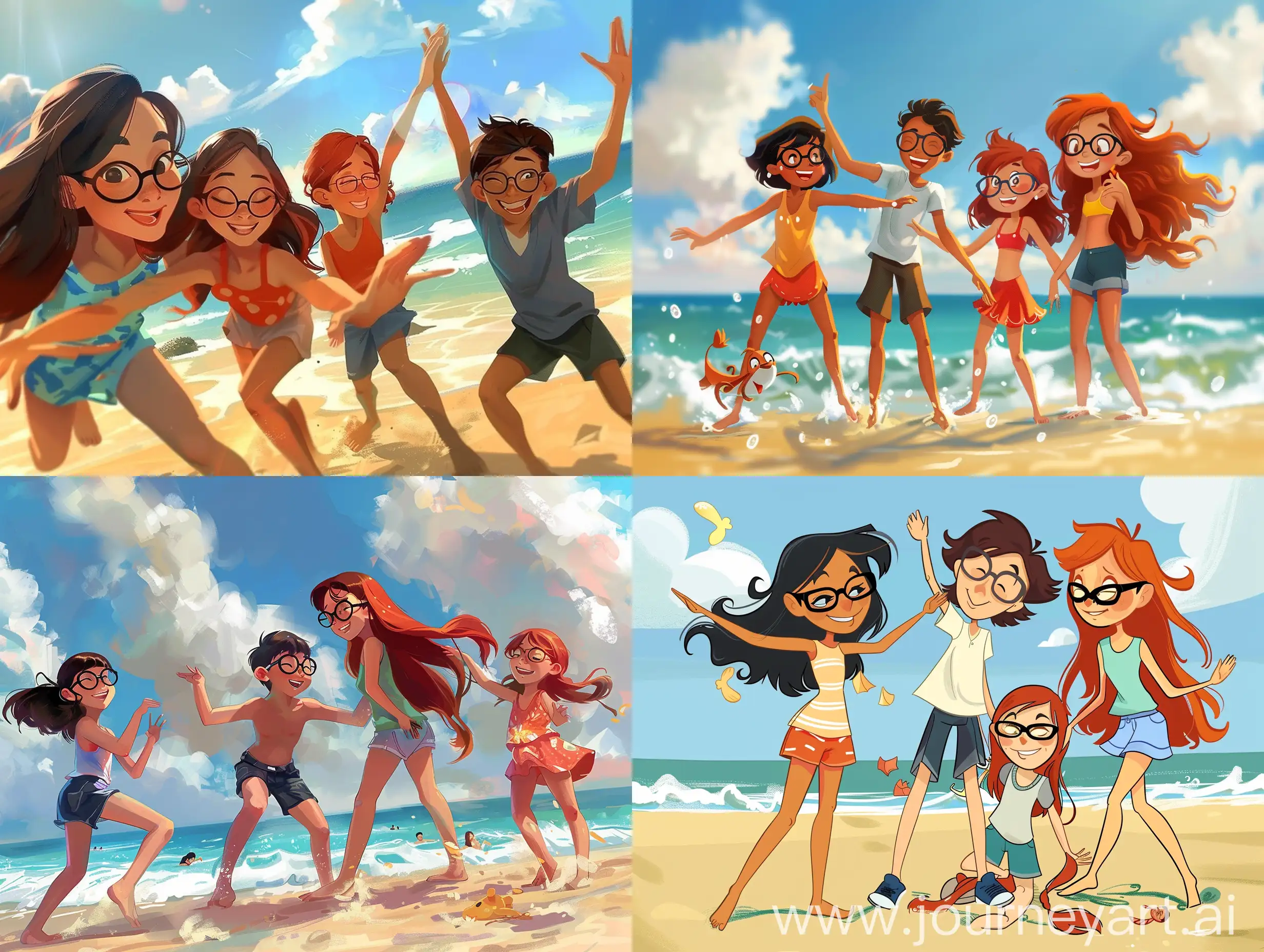 Tatile giden 4 arkadaş 3 kız 1 erkek kızlardan birisi kısa siyah saçlı diğeri uzun kahverengi saçlı üçüncü kız ise uzun kızıl saçlı erkek olan ise kısa saçlı ve uzun boylu hepsinde gözlük var hepsi sahilde oyun oynayarak eyleniyorlar ve kamera çok uzaktan onları çekiyor ve Disney animasyonu şeklindeler