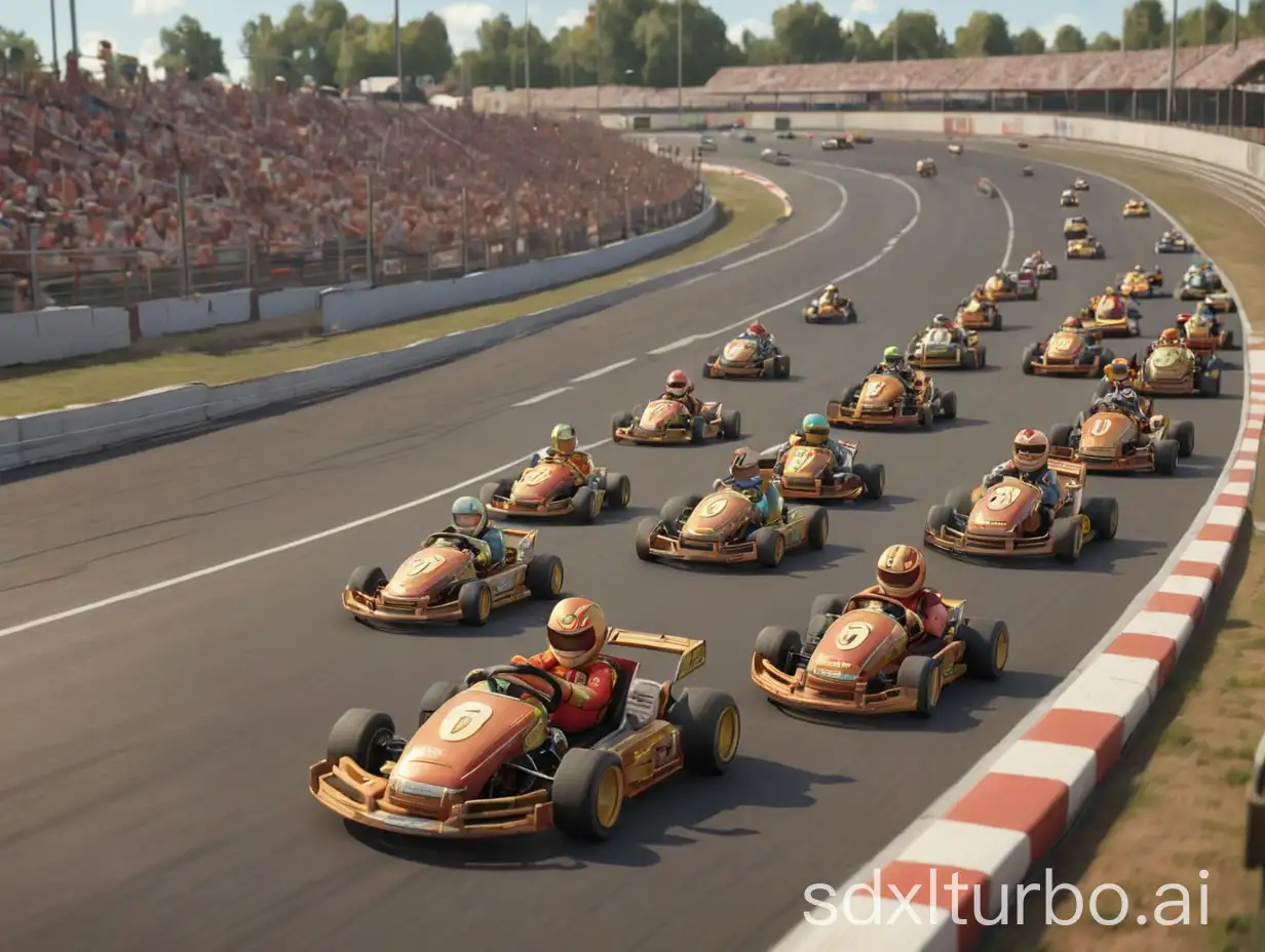 a race track, with a lot of hamburger references. there are 2 karts in it, and the drivers have hamburguer heads.