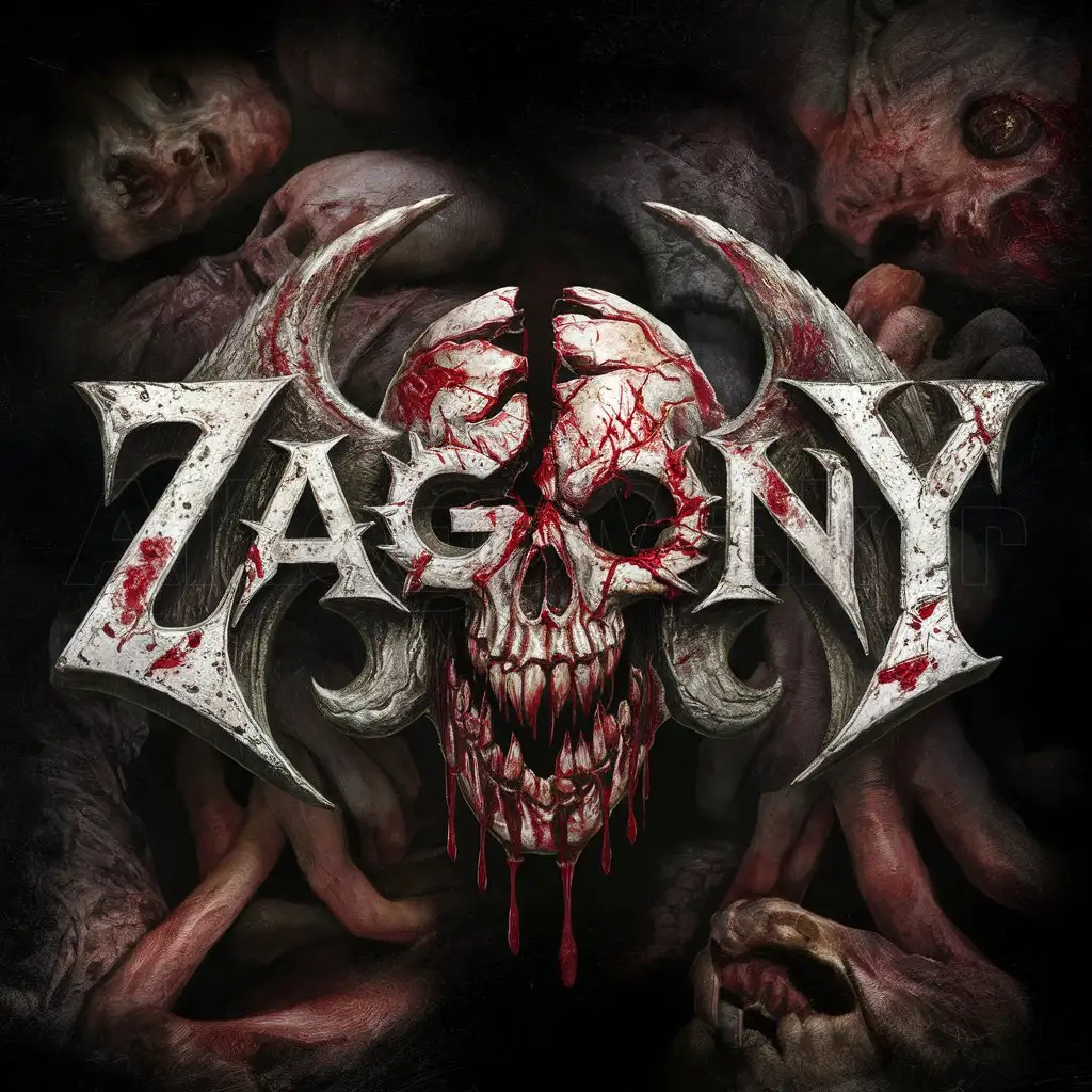 a logo design,with the text "ZAGONY", main symbol:a logo design,with the text 'Zagony', main symbol:brutal black metal blood logo, damaged, black background, Cannibal Corpse look like, complex,Moderate, flesh, dead bodies background,Moderate,clear background