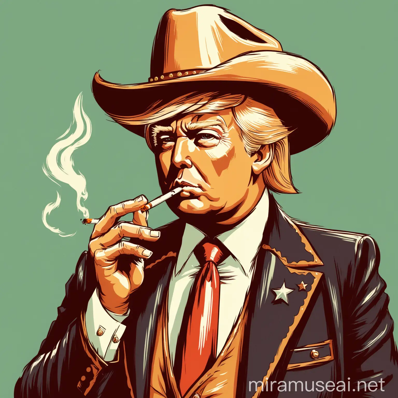 Retro Illustration of Donald Trump in Cowboy Outfit with Cigarette