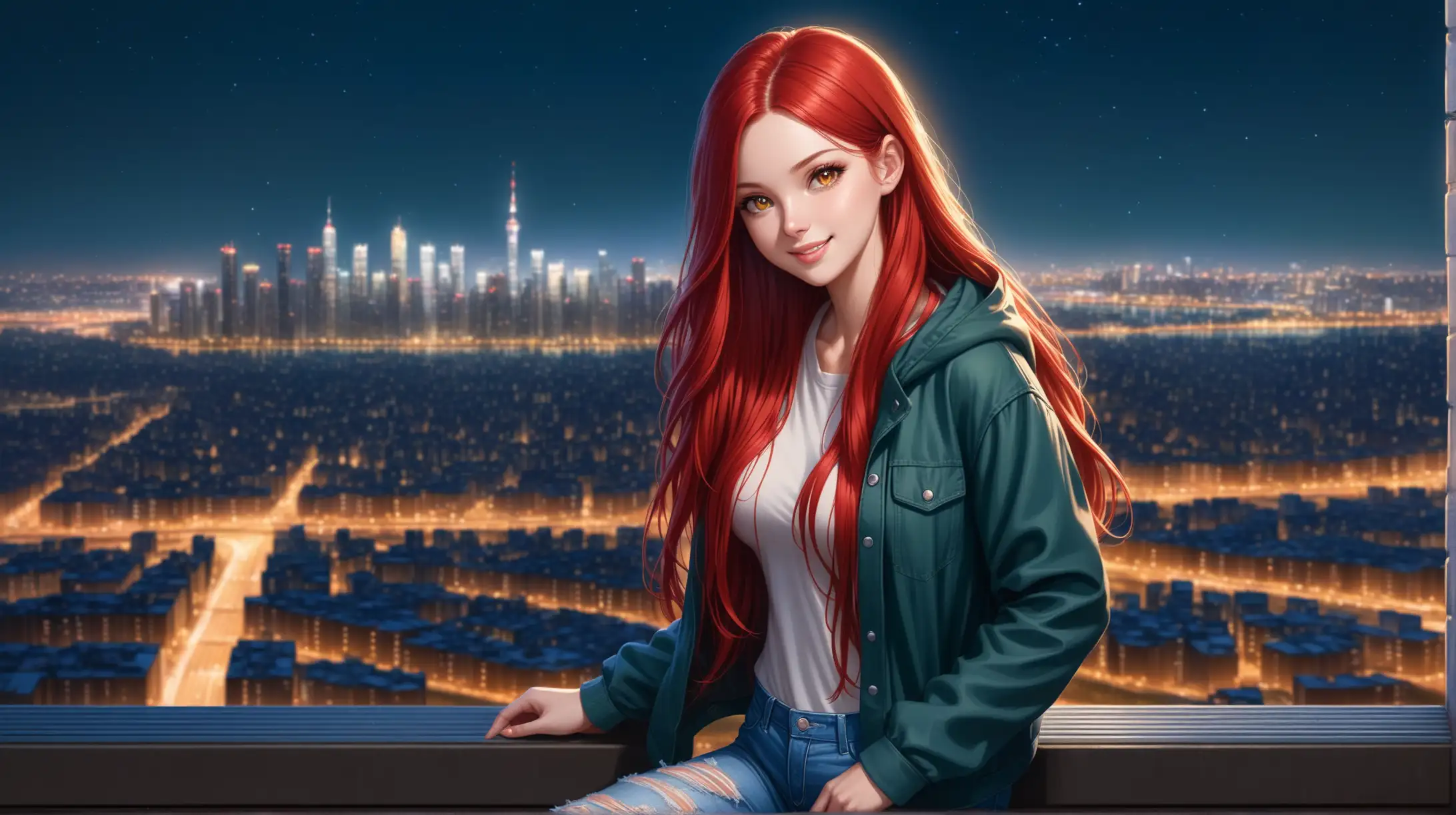Draw a woman, extremely long silky red hair, hazel eyes, stacked figure, high quality, realistic, accurate, detailed, long shot, night lighting, outdoors, city, ripped jeans, hooded jacket, smiling at the viewer