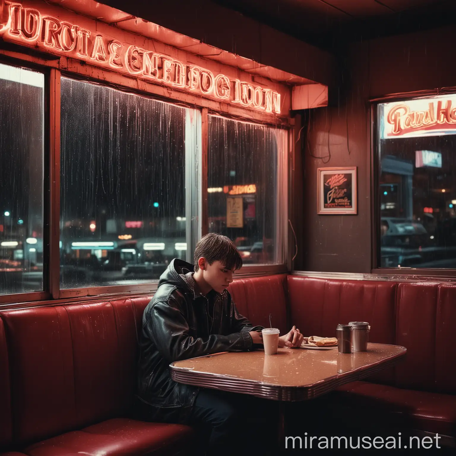 a hyperealistic photograph of a teen boy sitting in a 1980s diner at night in a booth by a window, rain falls outside and coats the window, neon lights reflect off the surface, the boy looks sad