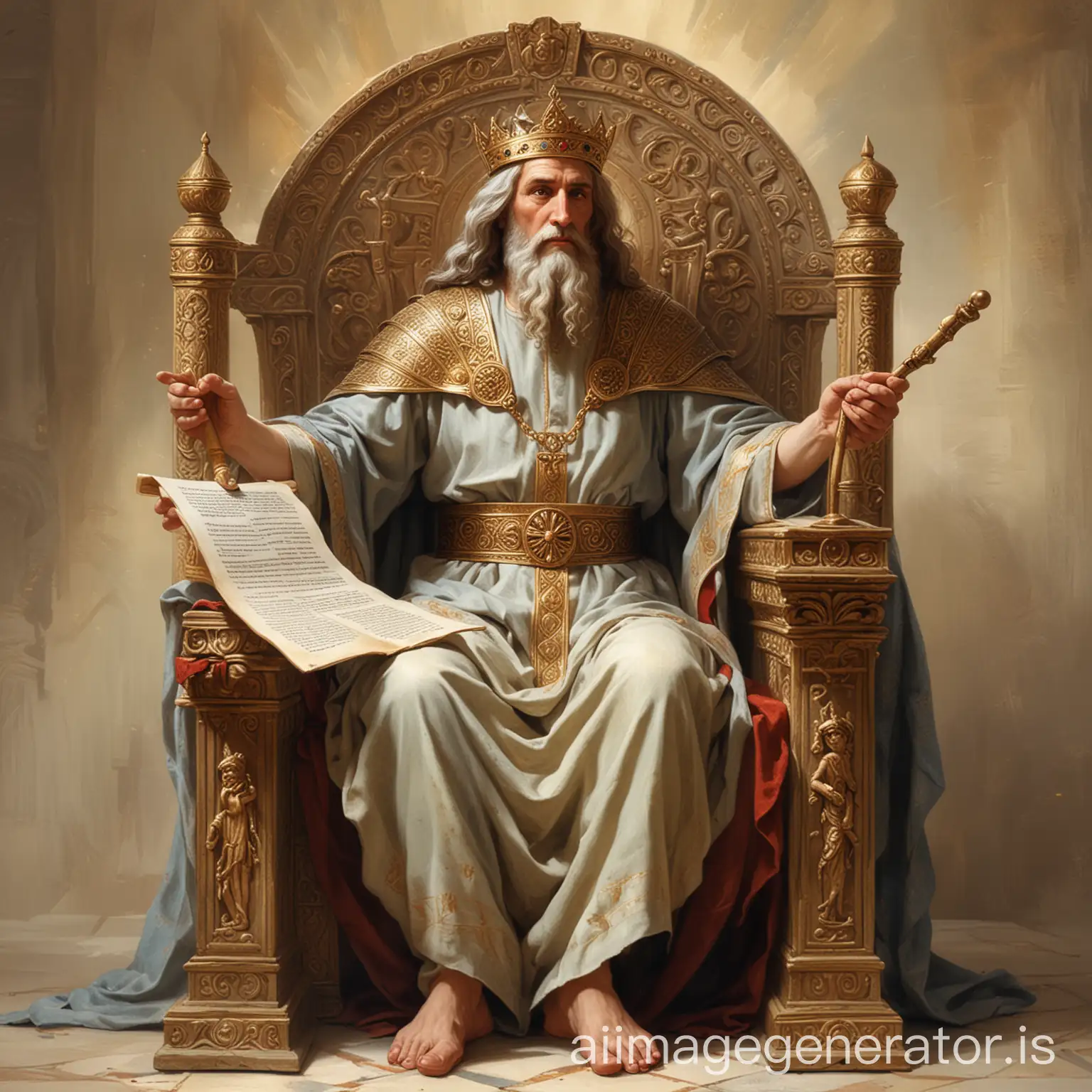 God sits on a throne and in his right hand holds a scroll