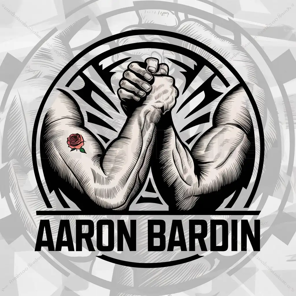 a logo design,with the text "Aaron Bardin", main symbol:Armwrestling vector logo clasped left hands small rose tattoo with leaves on one elbow round circle logo,complex,clear background