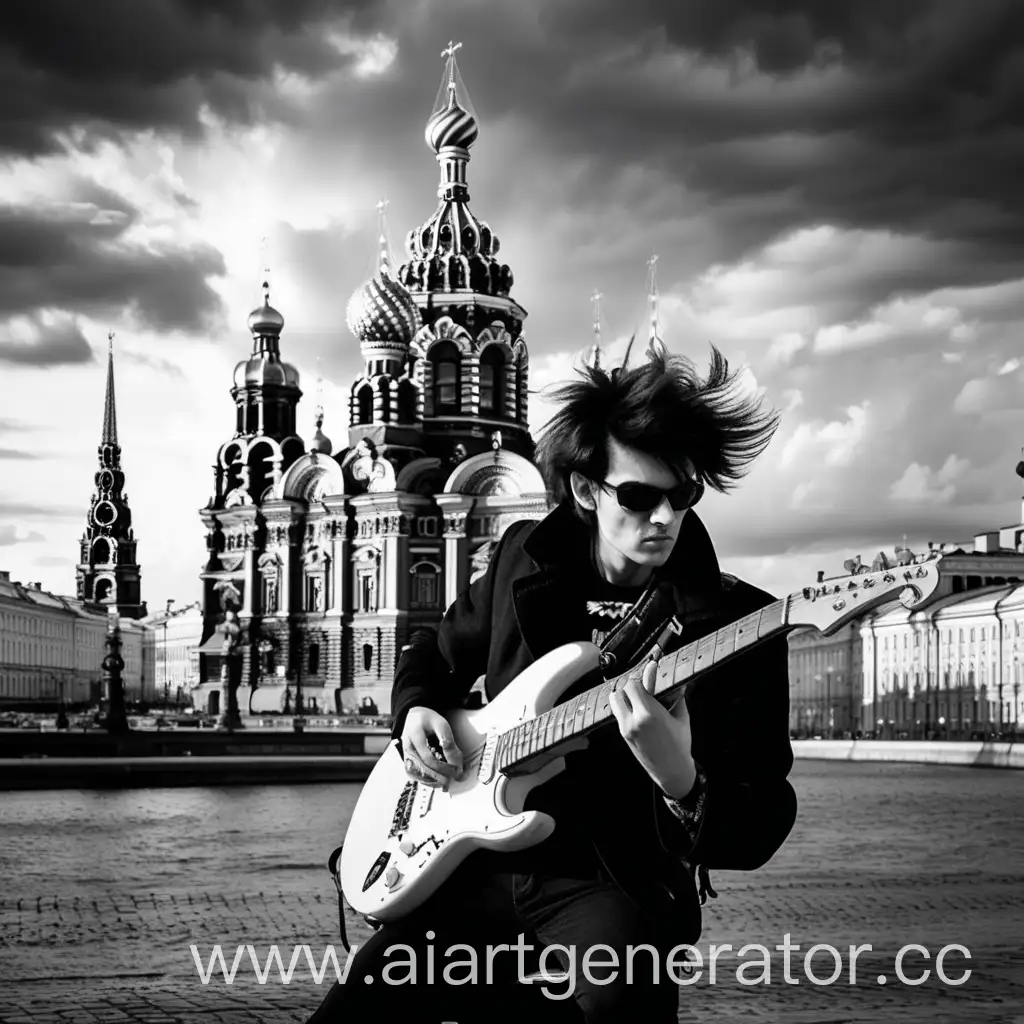 рок-гитарист на фоне достопримечательностей санкт-петербурга в готическом стиле стилизация черный цвет
