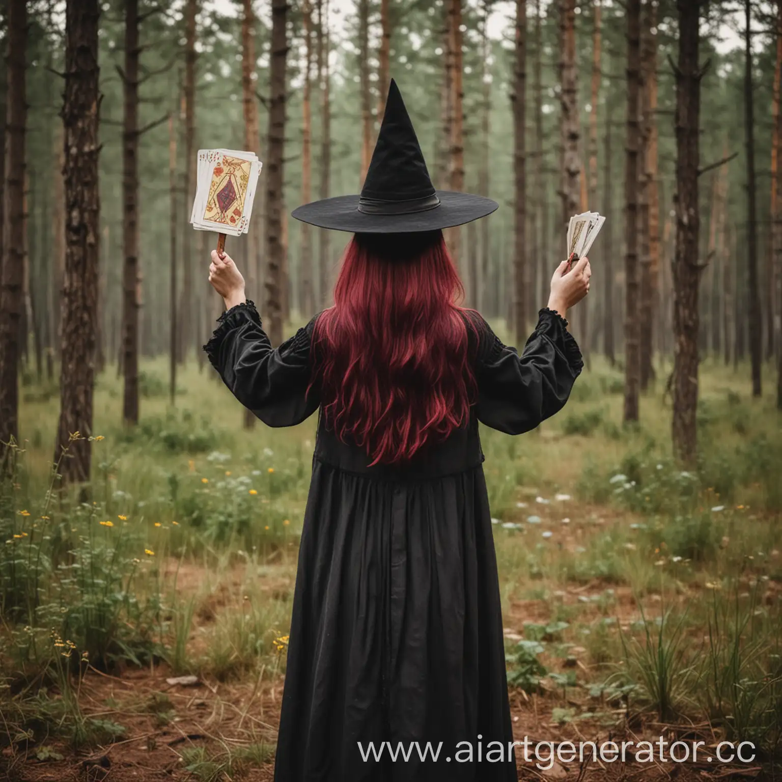 Witch-Girl-with-Burgundy-Hair-Holding-Ritual-Knife-and-Tarot-Cards-in-Forest-Setting