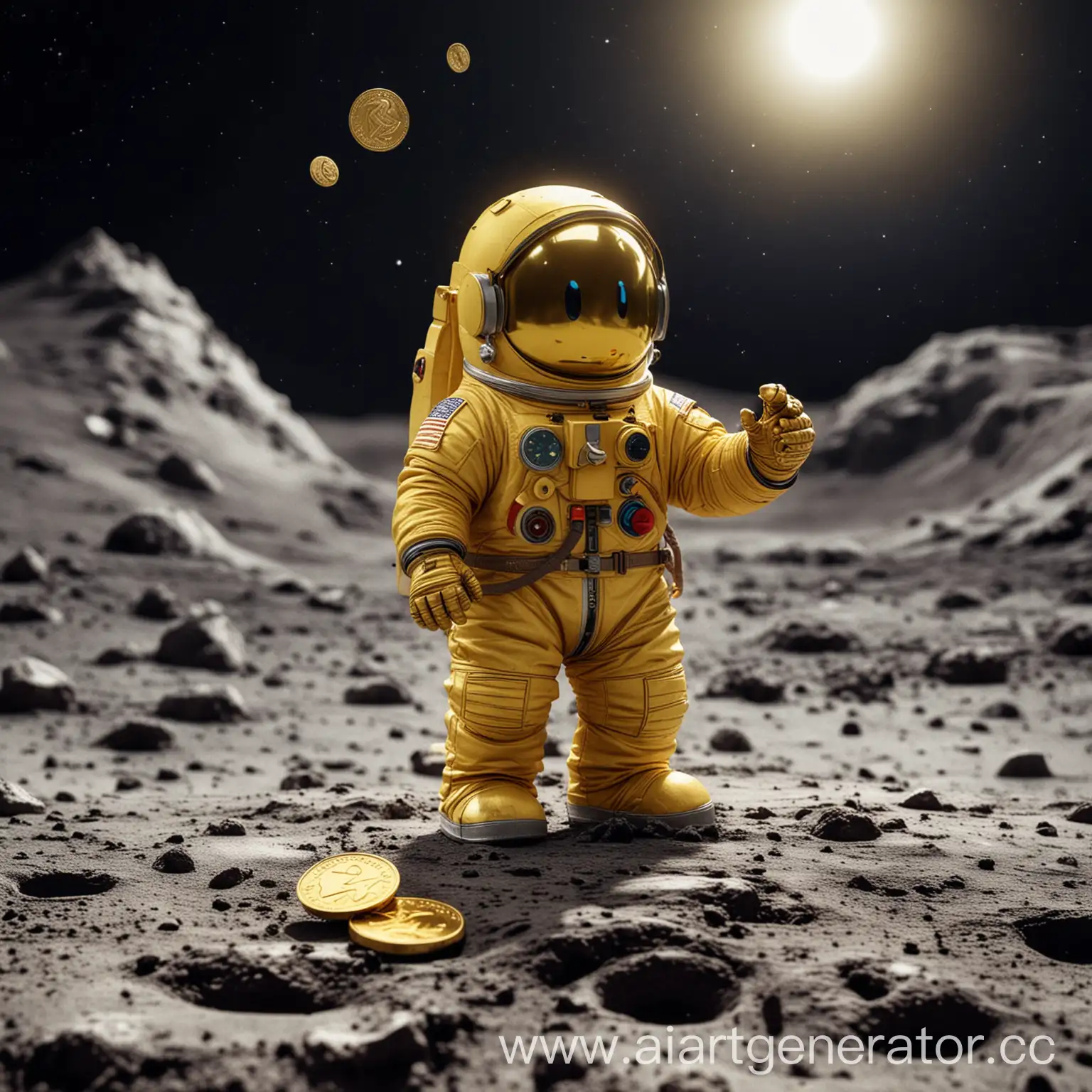 желтый pacman в костюме астронавта, на луне, с золотой монетой в руках 