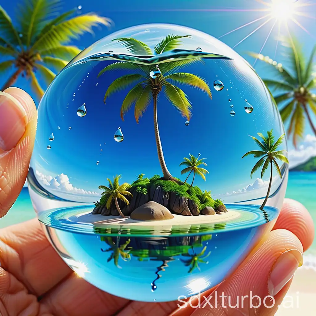 in a water drop there is an island with a palm tree