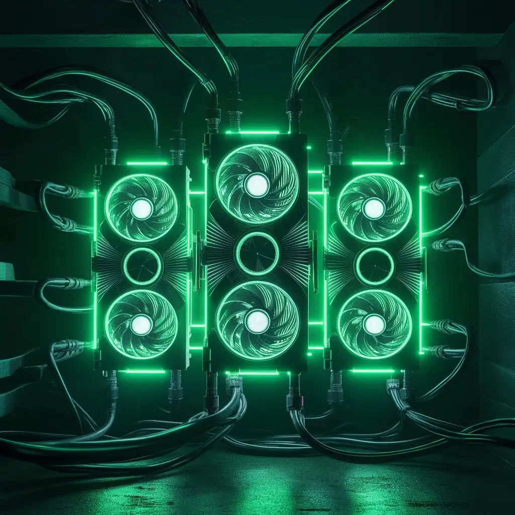 майнер состоящий из трех видео карт светящийся зеленым цветом