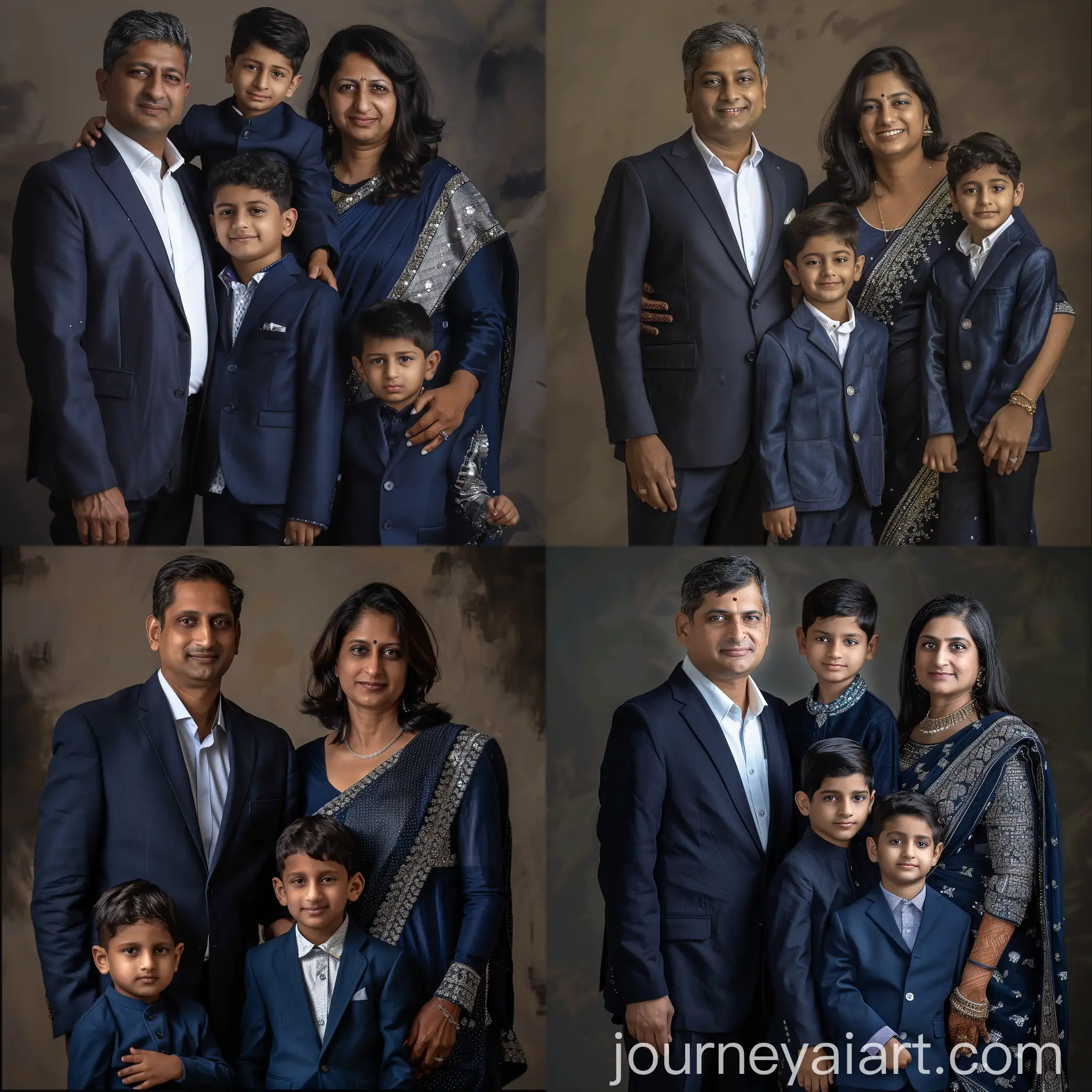 Formal-Family-Portrait-Father-Mother-and-Two-Boys-in-Dark-Blue-Blazers