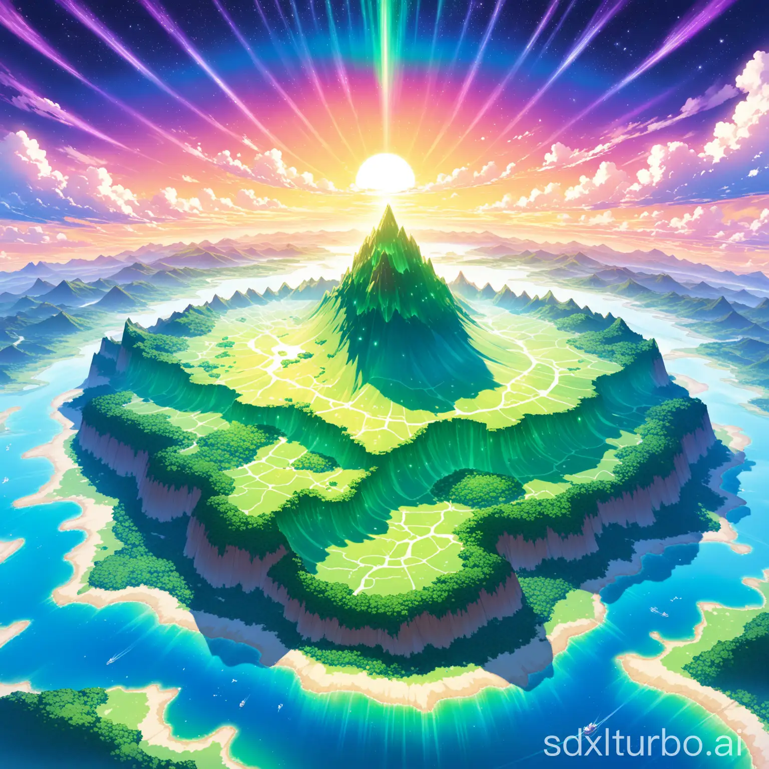 Generate a map including the following contents **Geography:** Novaterra is a diverse continent, encompassing various climates and regions: 1. **Aurora Mountains**: A large mountain range spanning the north, renowned for its magnificent sunrises and rare Aurora Pokémon. 2. **Luminia Plains**: A vast grassland covering the central region, where wild Pokémon roam freely among luminous, colorful plants. 3. **Coralia Islands**: A tropical archipelago located in the east, known for its flourishing coral reefs, marine life, and secluded beaches. 4. **Novawood Forest**: A dense forest covering much of the western region, famous for its ancient trees, mysterious ruins, and peculiar Pokémon. 5. **Shimmering Caves**: A network of shimmering caves spread beneath the continent, filled with precious ores and gemstones. **Cities:** 1. **Luminia City**: The capital, situated in the heart of the Luminia Plains, is a hub of innovation, culture, and Pokémon research. 2. **Aurora City**: A city built on the slopes of the Aurora Mountains, renowned for its breathtaking scenery and pioneering spirit. 3. **Coralia Port**: A bustling port city located on the Coralia Islands, famous for its lively markets and international trade.