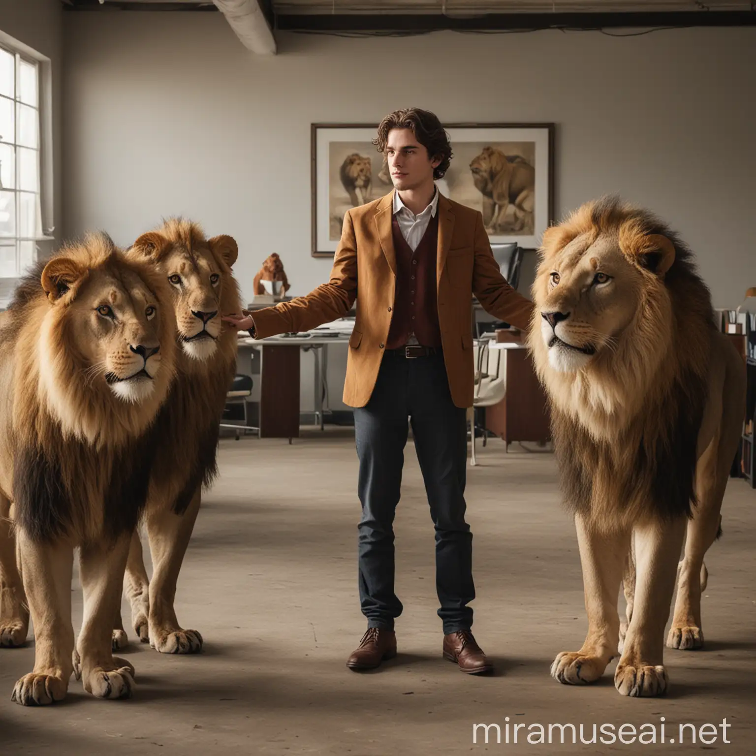 a wise young man standing in a office with lions