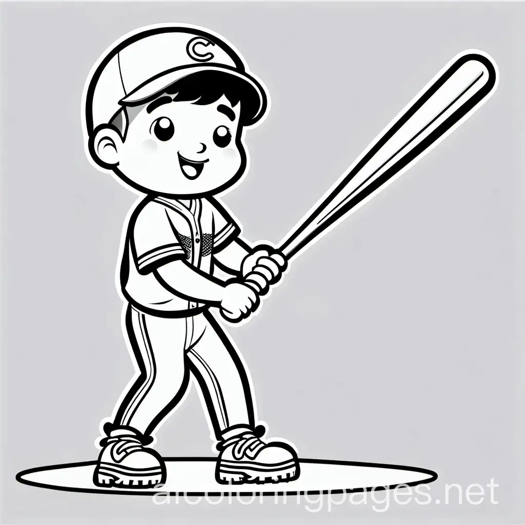boy hitting a baseball, Coloring Page, black and white, line art, white background, Simplicity, Ample White Space. The background of the coloring page is plain white to make it easy for young children to color within the lines. The outlines of all the subjects are easy to distinguish, making it simple for kids to color without too much difficulty