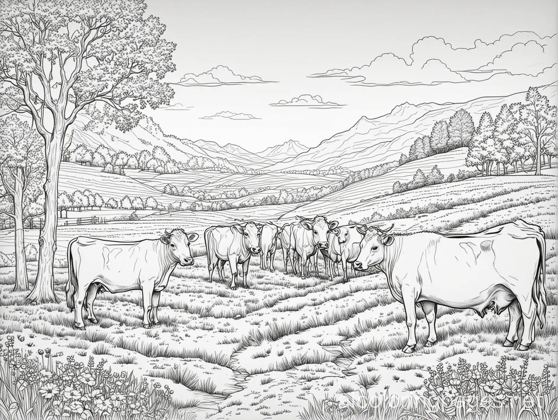 cows field landscape on one plan Coloring Page, black and white, line art, white background, Simplicity, Ample White Space. The background of the coloring page is plain white to make it easy for young children to color within the lines. The outlines of all the subjects are easy to distinguish, making it simple for kids to color without too much difficulty. The background of the coloring page is plain white to make it easy for young children to color within the lines. The outlines of all the subjects are easy to distinguish, making it simple for kids to color without too much difficulty.