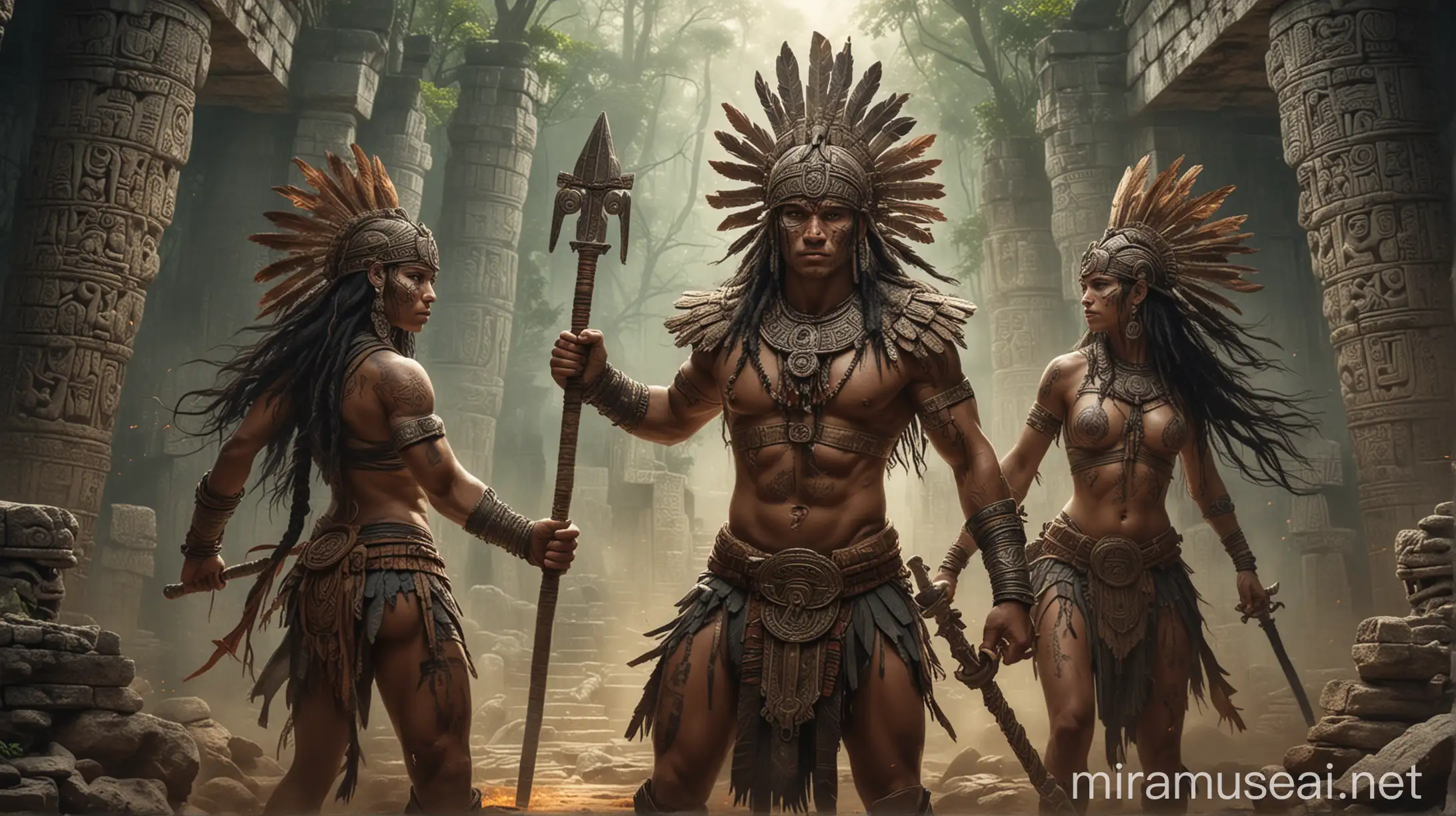 Mayan Warrior Twins Battling Lords of the Underworld with Symbolic Backdrop