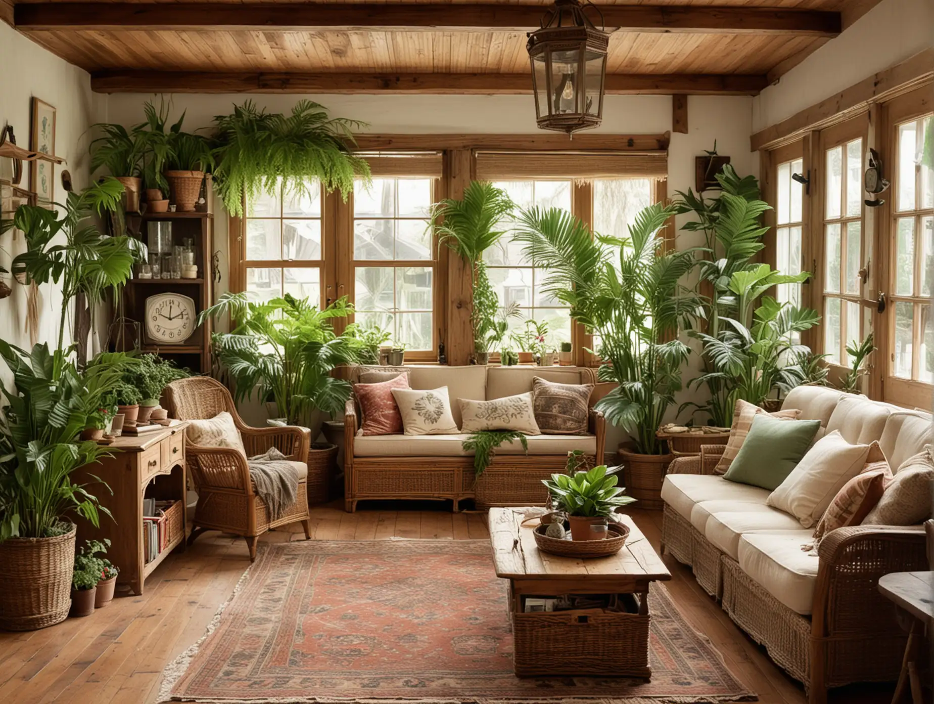 Rustic Vintage Living Room with House Plants: Create a cozy vintage-inspired living room with rustic decor. Include a mix of wooden furniture and wicker baskets. Add house plants like ferns and potted palm trees to bring a touch of nature indoors. The room should have a large glass door leading to a sunny porch, with a vintage clock on the wall and a thatched roof visible from the inside