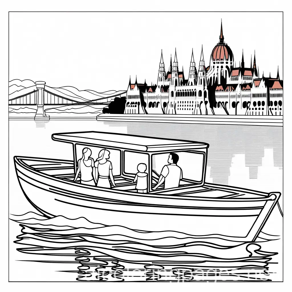 Show a family of 2 girls, mother, and father on a boat in budapest, Coloring Page, black and white, line art, white background, Simplicity, Ample White Space. The background of the coloring page is plain white to make it easy for young children to color within the lines. The outlines of all the subjects are easy to distinguish, making it simple for kids to color without too much difficulty