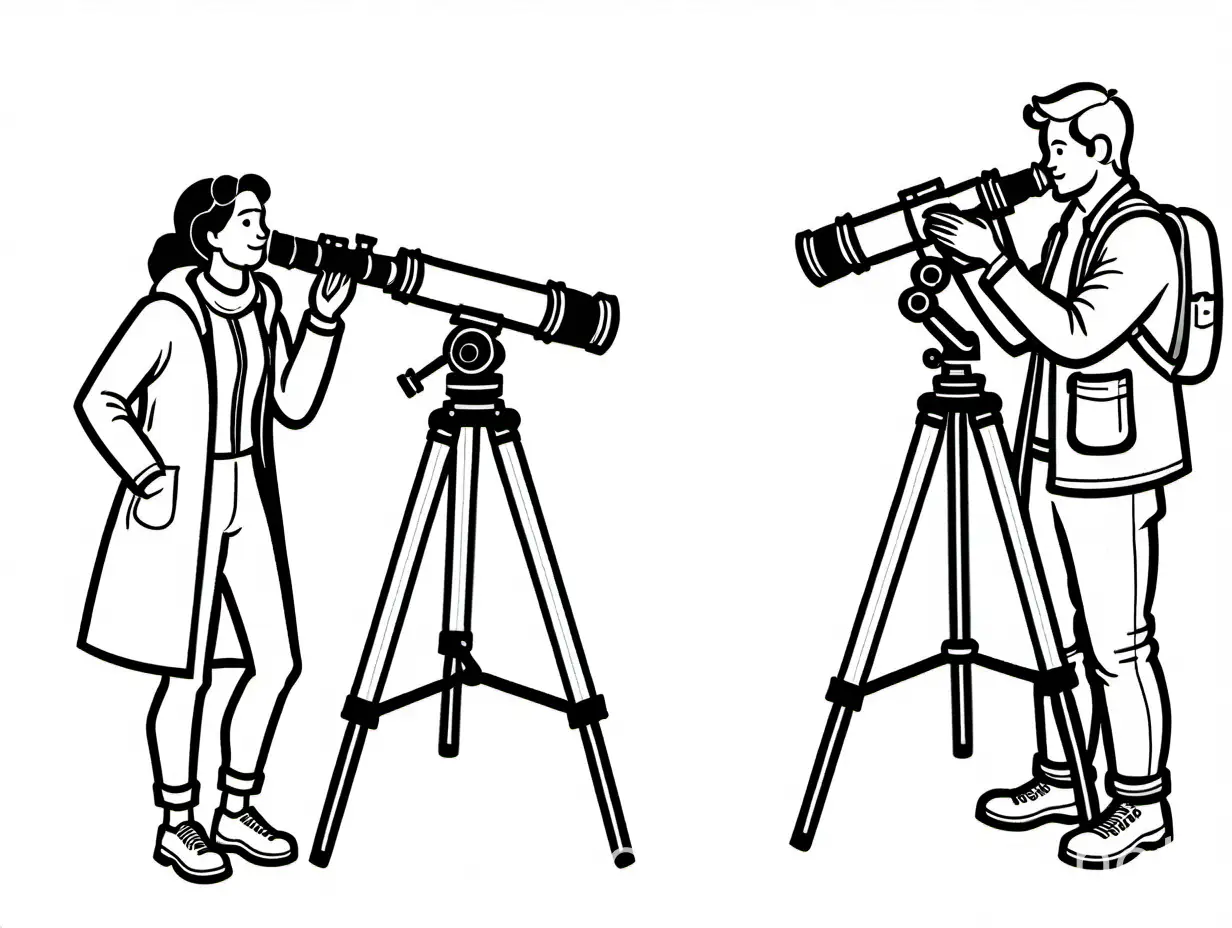 Draw a male and a female astronomer, 1 telescope each, no background, Coloring Page, black and white, line art, white background, Simplicity, Ample White Space. The background of the coloring page is plain white to make it easy for young children to color within the lines. The outlines of all the subjects are easy to distinguish, making it simple for kids to color without too much difficulty
