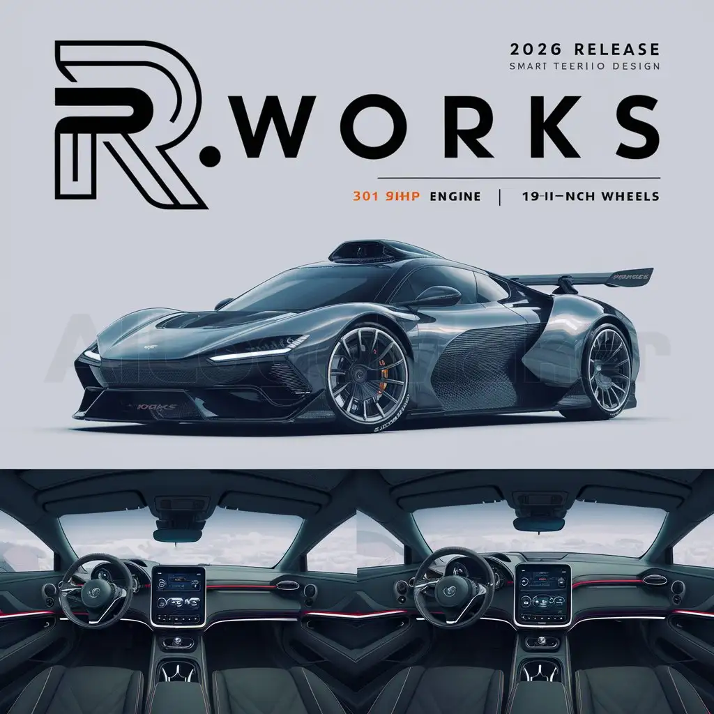 a logo design,with the text "R.Works", main symbol:new 2026 looking car sport mediul size 300hp 19inch wheels the interior have smart tablet and panoramic roofncreate beautiful logo sport car and exterior views,complex,clear background
