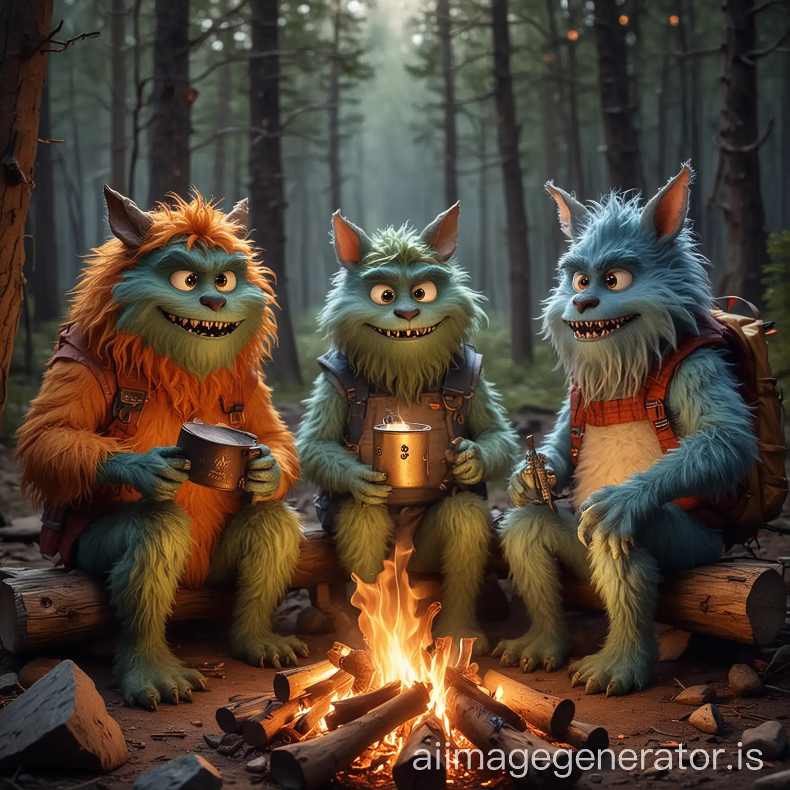 immagine di tre mostri amichevoli e pelosi seduti attorno a un falò