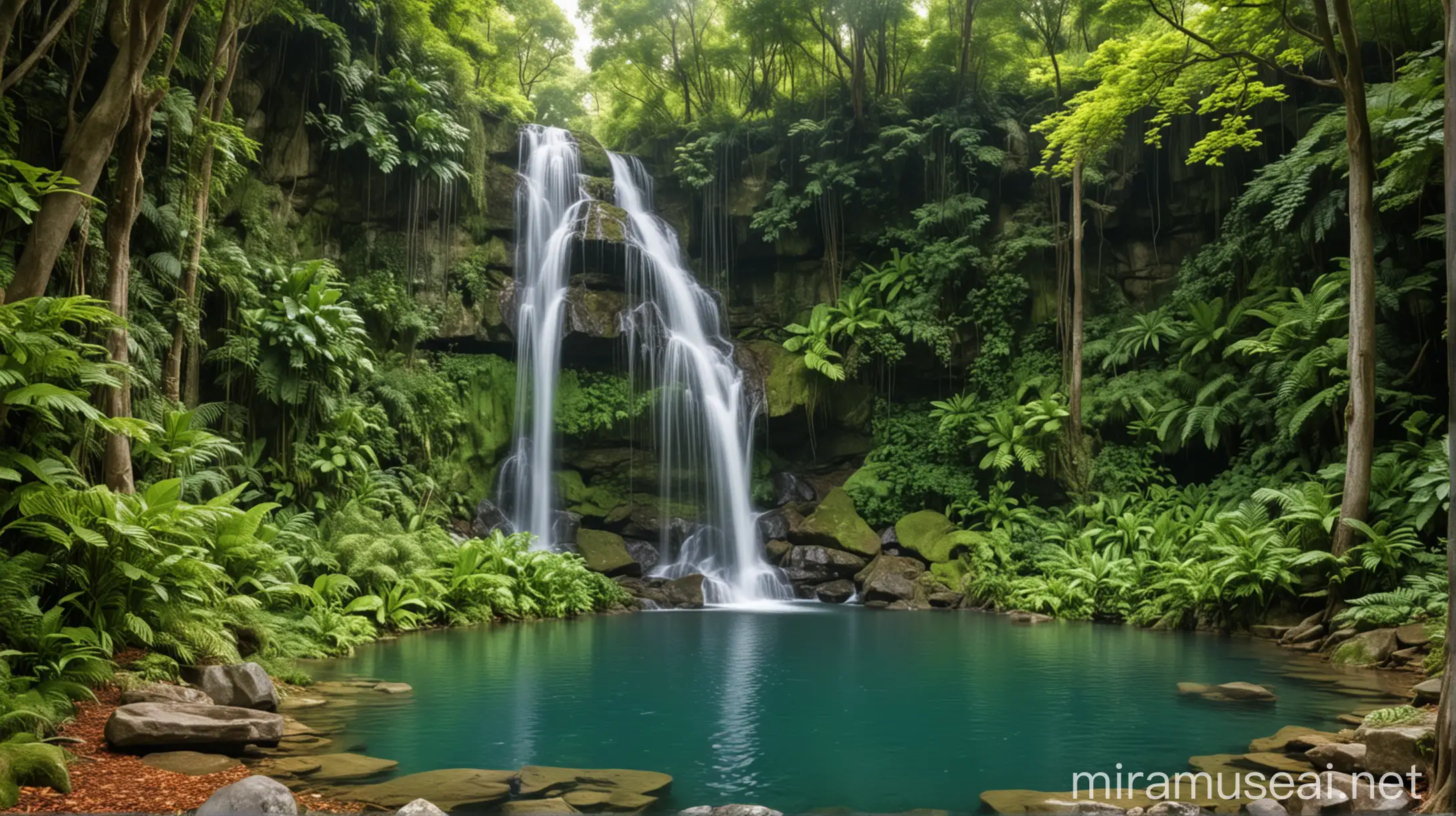 A stunning waterfall cascading down lush green cliffs in a serene forest. Surrounded by vibrant foliage and tall trees, the water flows into a clear, tranquil pool below, creating a picturesque and tranquil natural scene that exudes peace and beauty