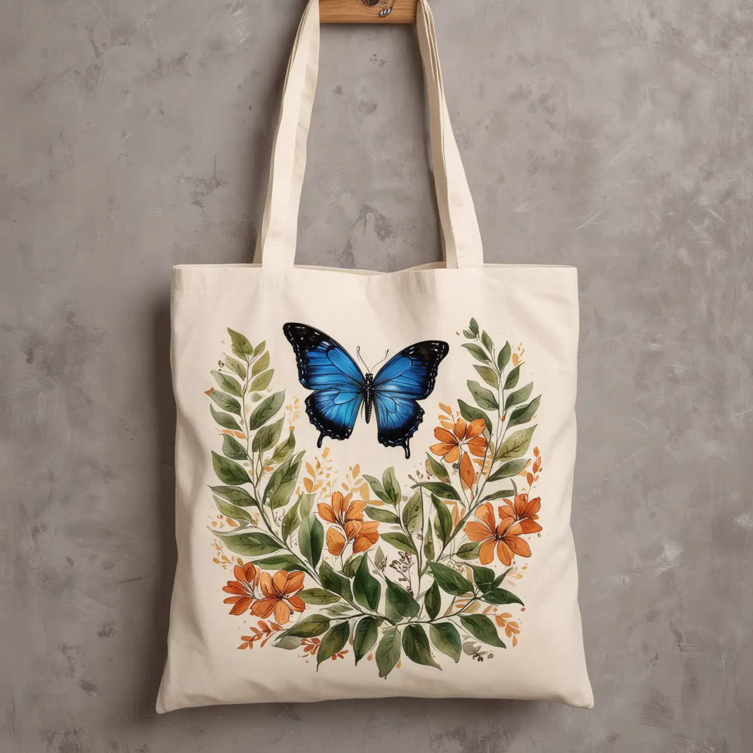 Colorful Tote Bag with Butterfly and Leaves Painting