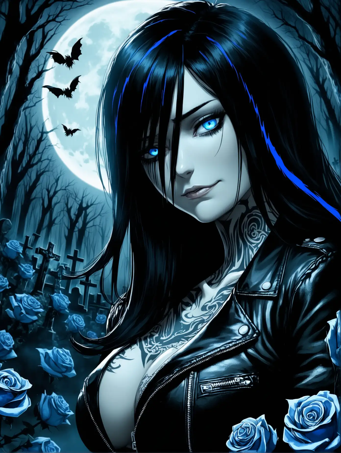 Seductive-Woman-with-Blue-Streak-in-Dark-Forest-Cemetery