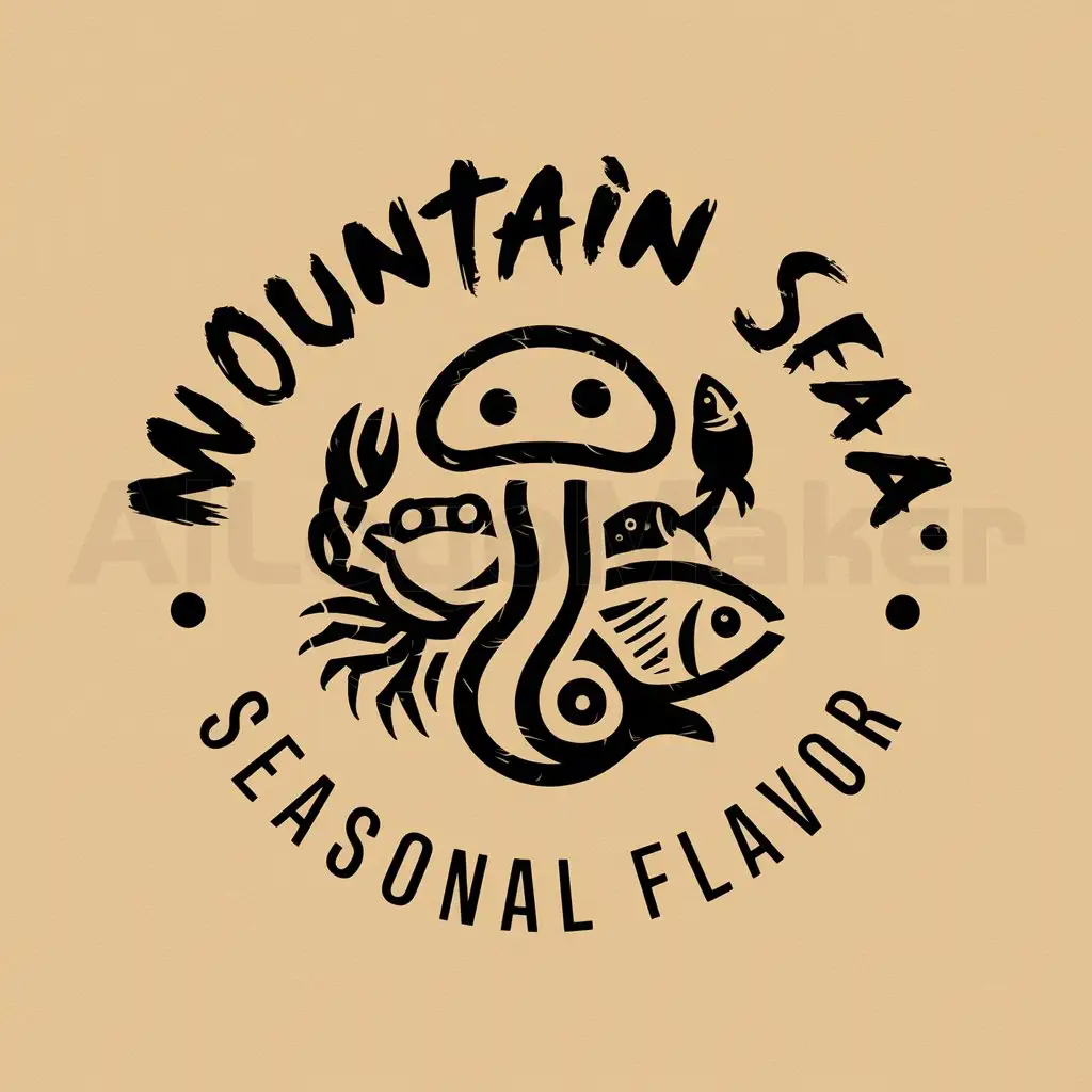 a logo design,with the text "Mountain Sea-seasonal Flavor", main symbol:Mushroom and various seafood, in a brushstroke style,Moderate,be used in Retail industry,clear background