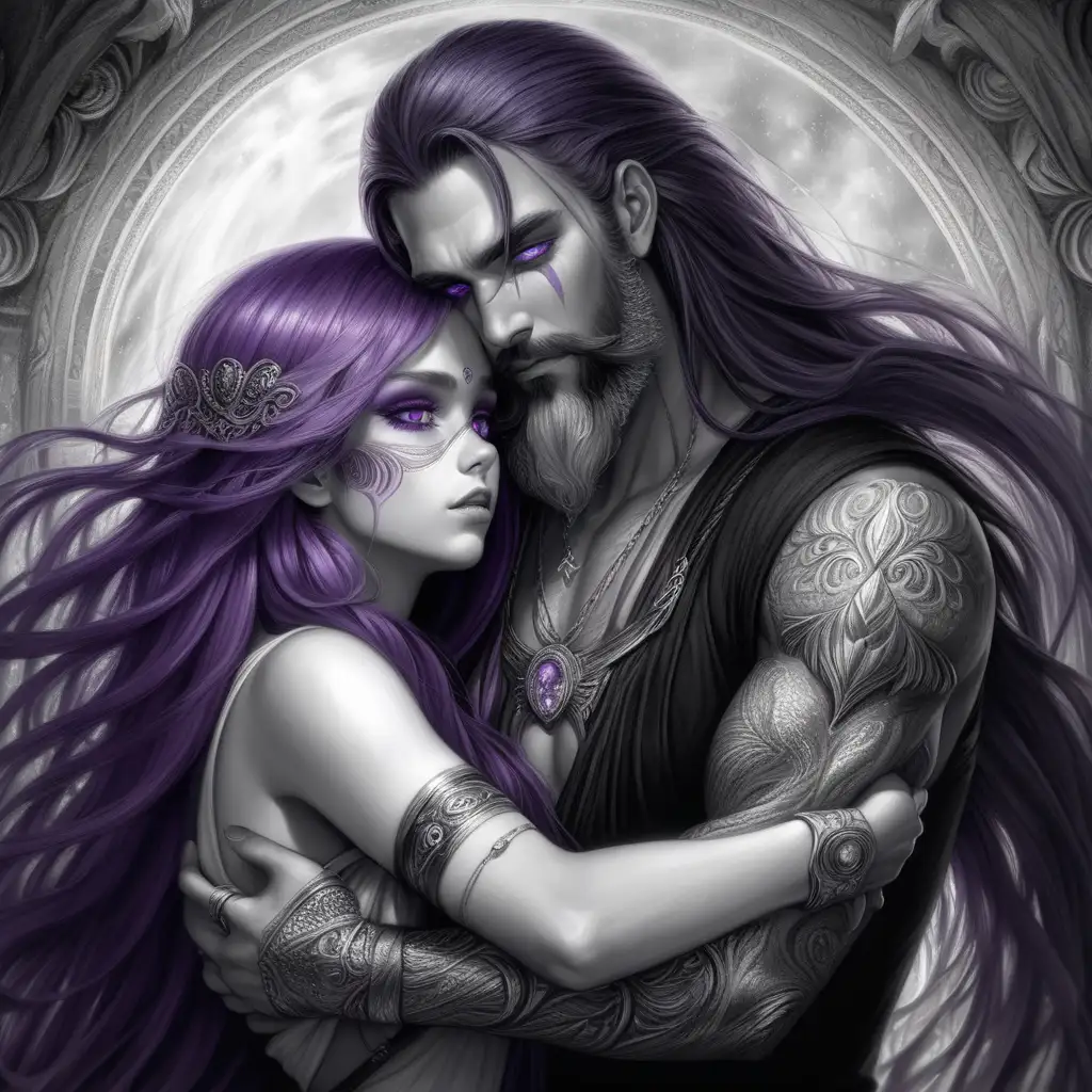 mystical fantasy image of a male and female embracing a hug  she has purple long hair and purple eyes  black and white , he has a beard 


 

