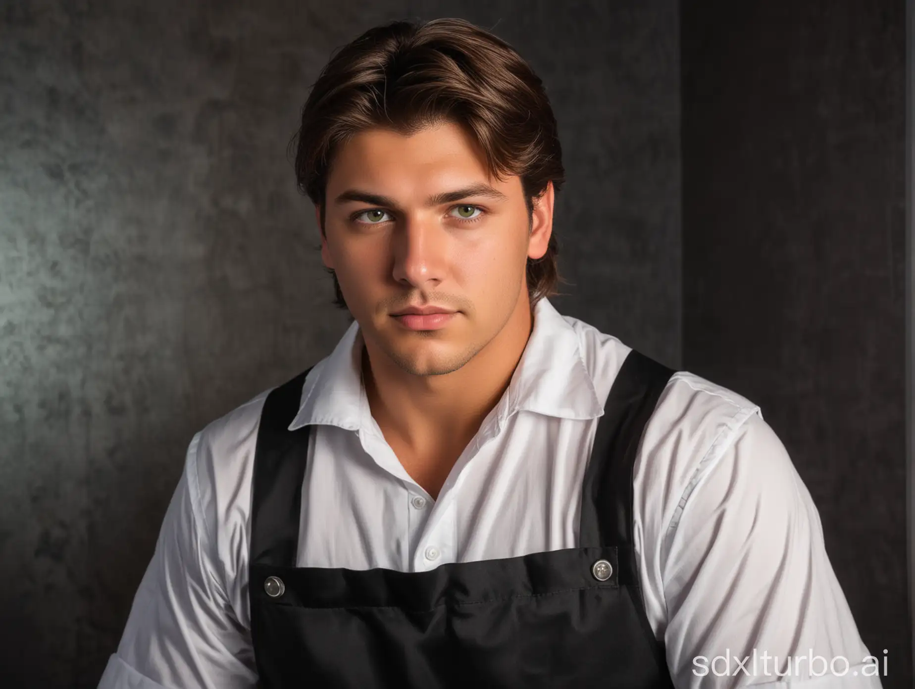 A tanned handsome chubby young man, mullet brown hair, green eyes, with maid uniform, sensual posing from behind, in a dark room